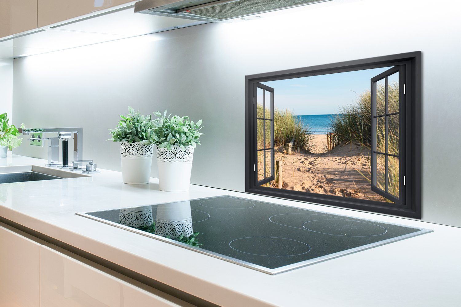 MuchoWow Küchenrückwand Durchblick - Strand - Meer - Sand - Wasser - Strandhafer - Dünen, (1-tlg), 60x40 cm, Herdblende aus Wandschutz, Temperaturbeständig küchen