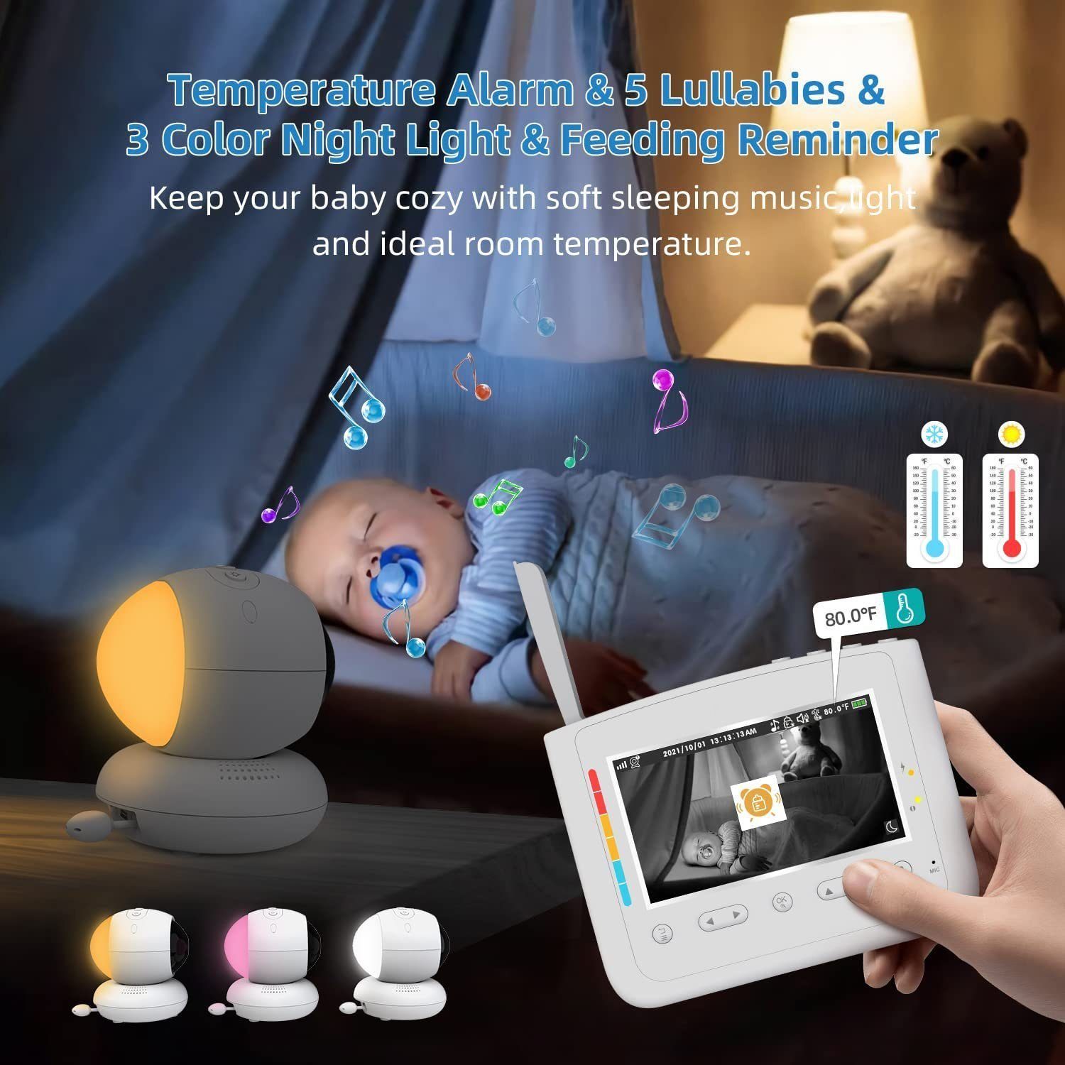 Mutoy Video-Babyphone Babyphone mit Kamera, 4,3-Zoll-LCD-Bildschirm, Ferngesteuerter Pan-Tilt-Zoom, Nachtlicht, Infrarot-Nachtsicht, Temperaturanzeige, Schlaflieder, Zwei-Wege-Audio, Gegensprechfunktion und Smart ECO-Modus