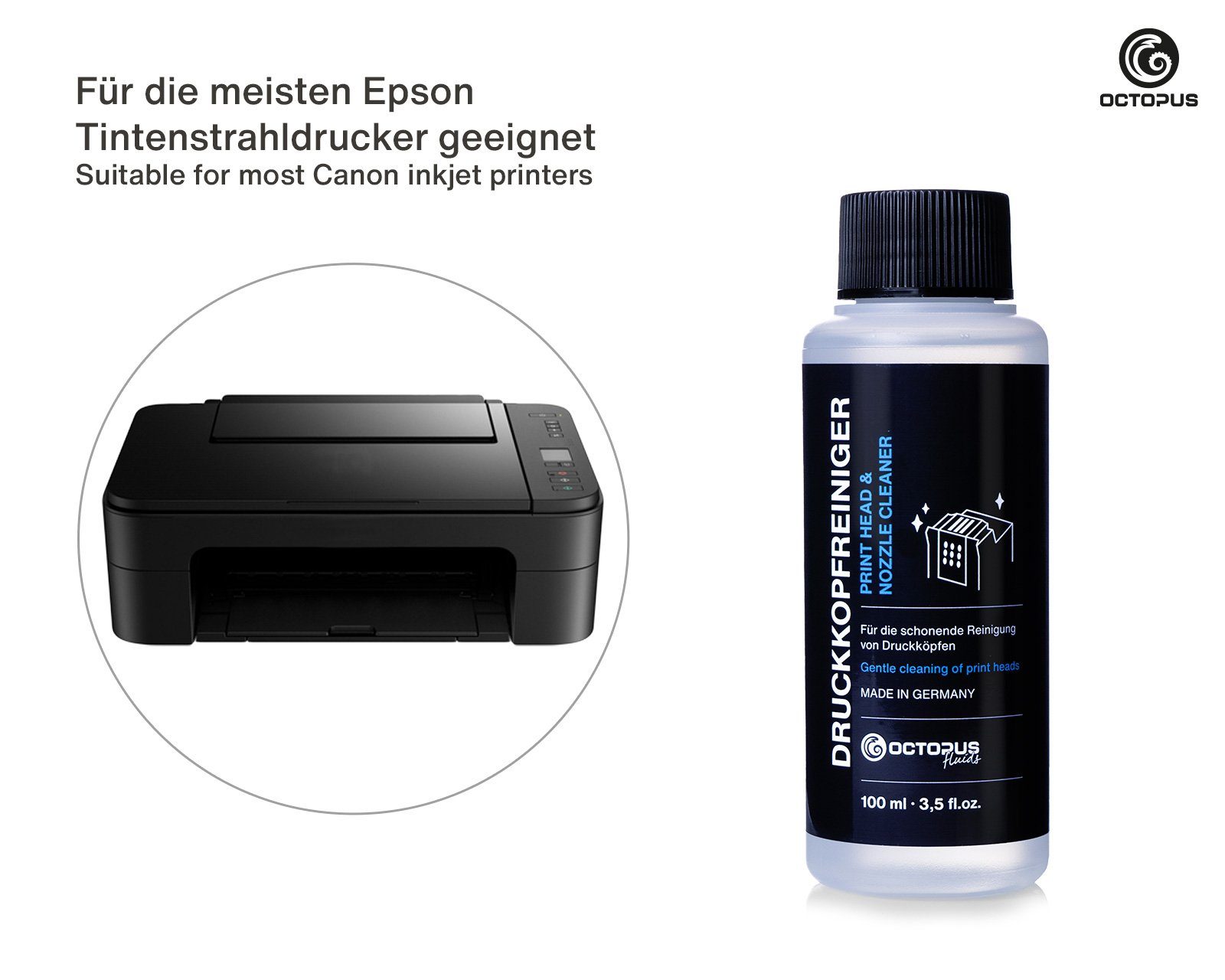OCTOPUS Fluids Düsenreiniger für Epson Druckköpfe Nachfülltinte (für Epson, Reinigungsset, 1x 100 ml, Made in Germany)