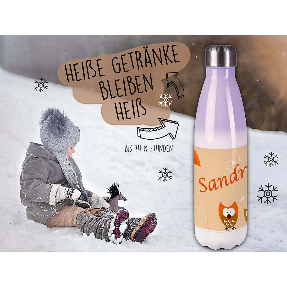 Edelstahl Kinder Thermoflasche / Trinkflasche bunt Eule Farbe orange Spülmaschinenfest, Auslaufsicher, Bruchfest, Doppelwandig, Für Heißgetränke geeignet, Mit Deckel, Isoliert