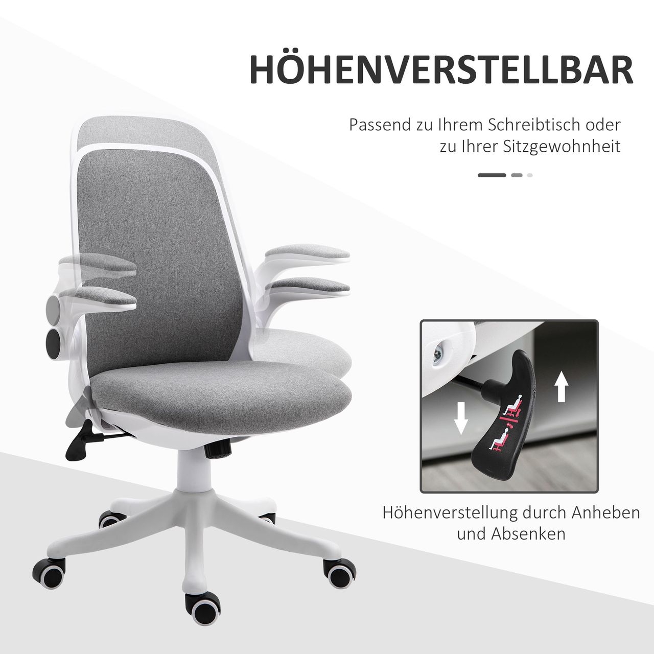 HOMCOM Bürostuhl Schreibtischstuhl Drehstuhl mit Wippfunktion Armlehne verstellbar höhenverstellbar ergonomisch Leinenimitat Nylon Grau Weiß 62,5 x 60 x 90-98 cm