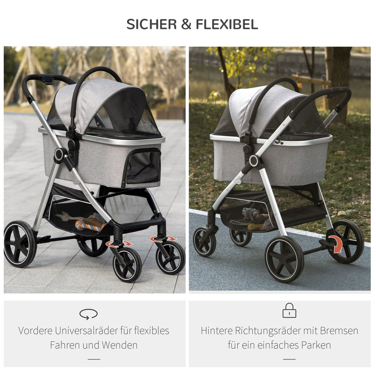 PawHut Hundewagen, 2 in 1 Hundetrolley, Tragetasche, faltbarer Hundebuggy, Grau
