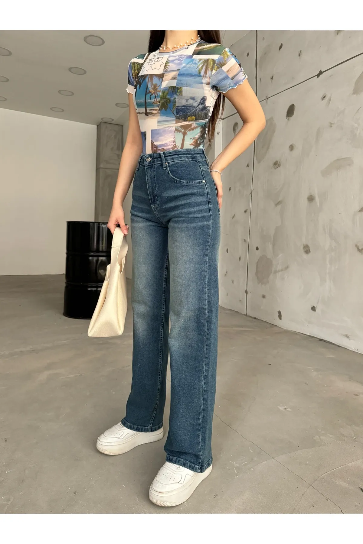 BİKELİFE  Damen-Palazzo-Jeans aus dunkelblauem, blassem Lycra mit hoher Taille und weitem Bein, lockere Passform