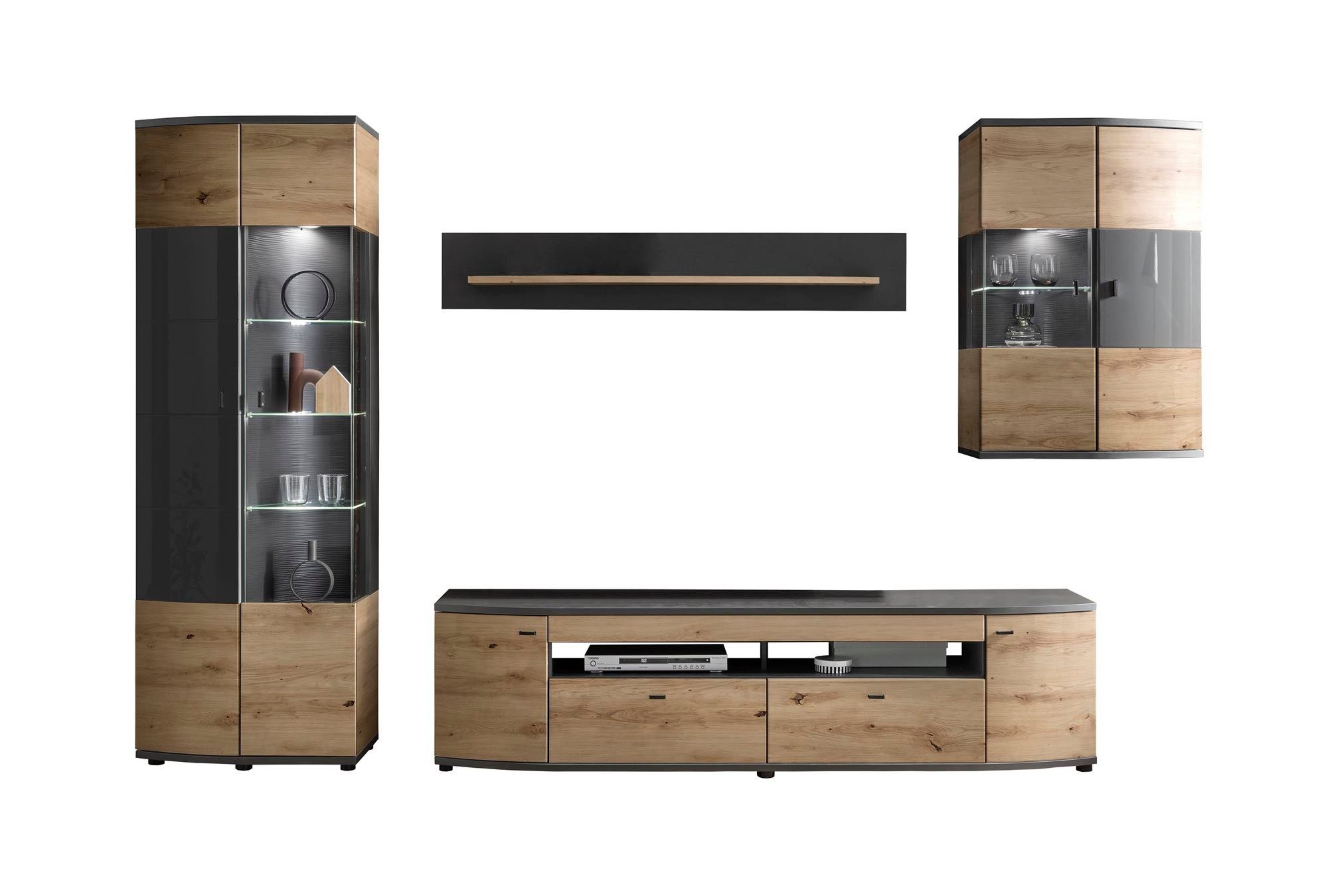 58 aufm Kessel Wohnwand Wohnwand Jacinthe 320x200x46 Eiche/Anthrazit/Anthrazit Hochglanz 10179, (Komplettset, 4-St), Türen mit Selbsteinzug und Dämpfung