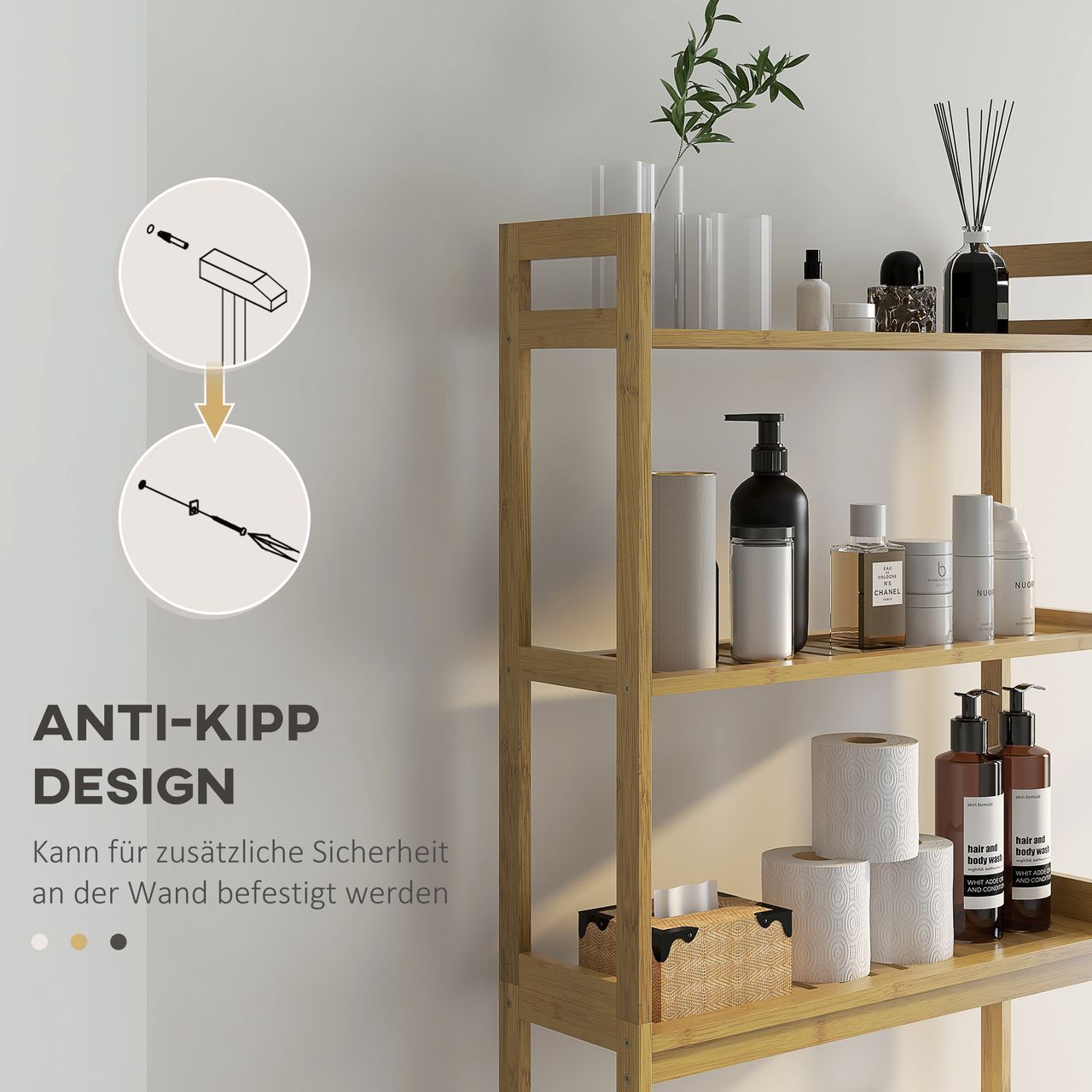 kleankin Toilettenregal 3-stöckiges Badregal Standregal mit Kippschutz, Bambus