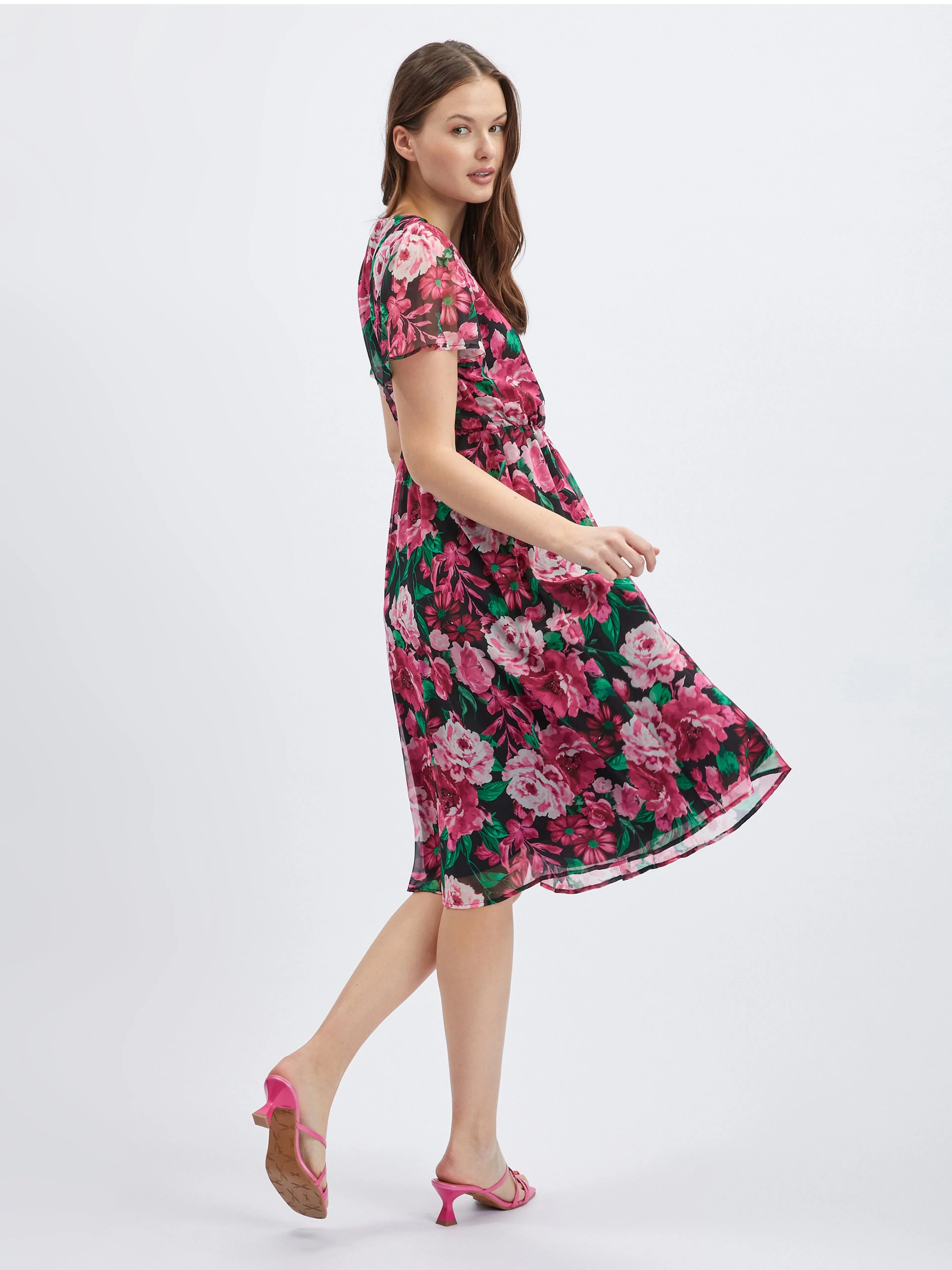 Schwarzes und rosa geblümtes Damenkleid ORSAY