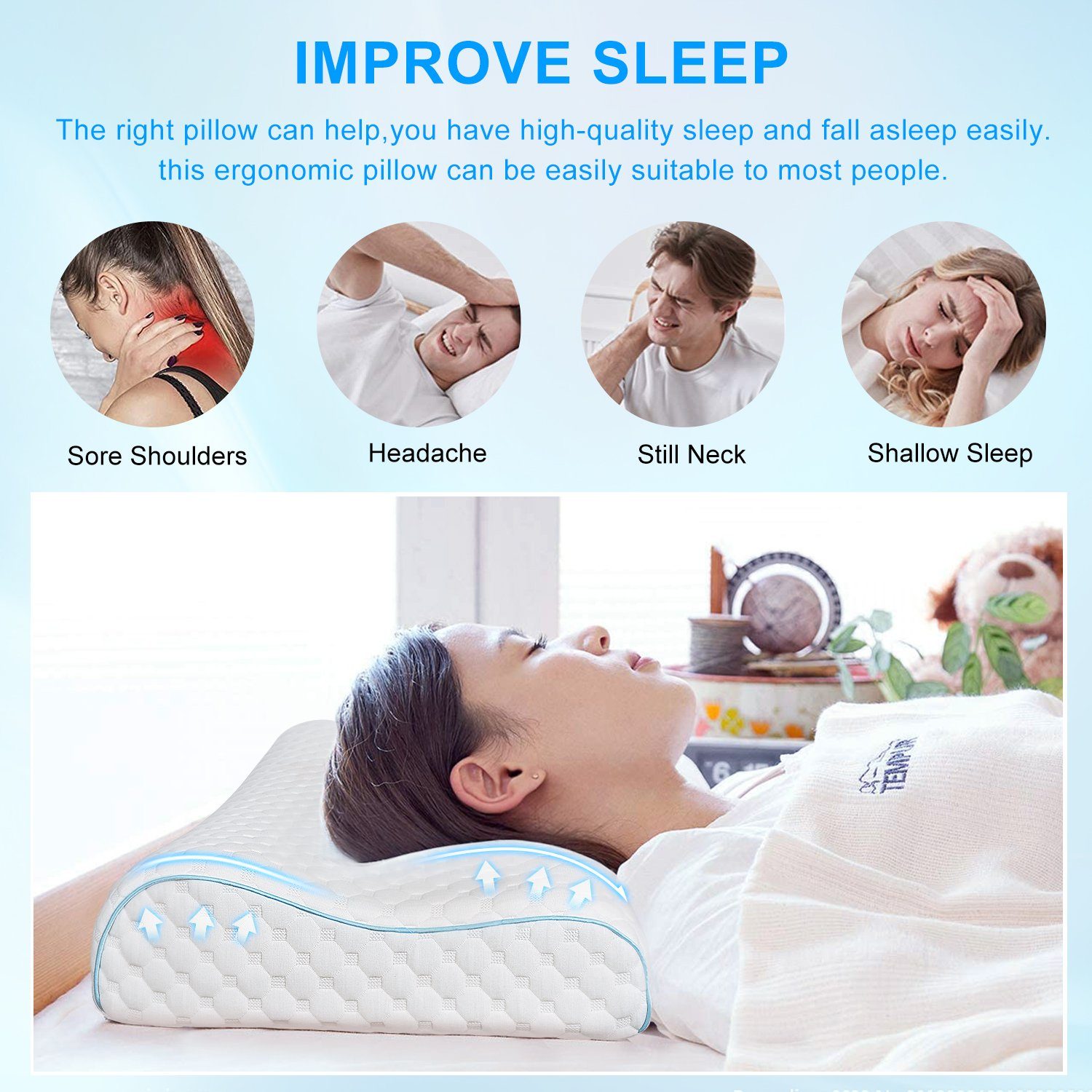Nackenstützkissen Kopfkissen Memory Foam Ergonomisches Orthopädisches Nackenkissen, vokarala, Rückenschläfer Seitenschläfer gegen Nackenschmerzen Antischnarch