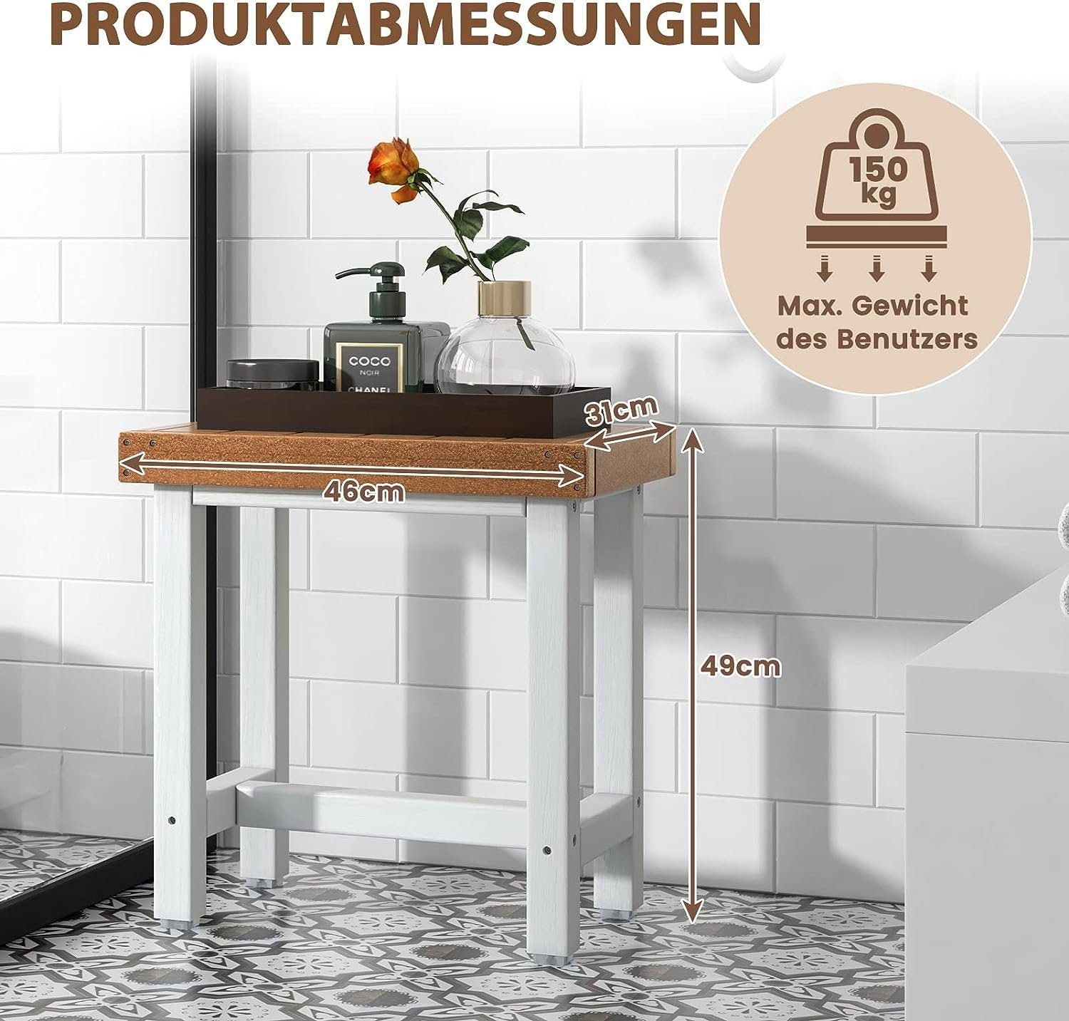 KOMFOTTEU Duschhocker 2-stufige Duschbank, mit Ablage, 46 x 32 x 49 cm