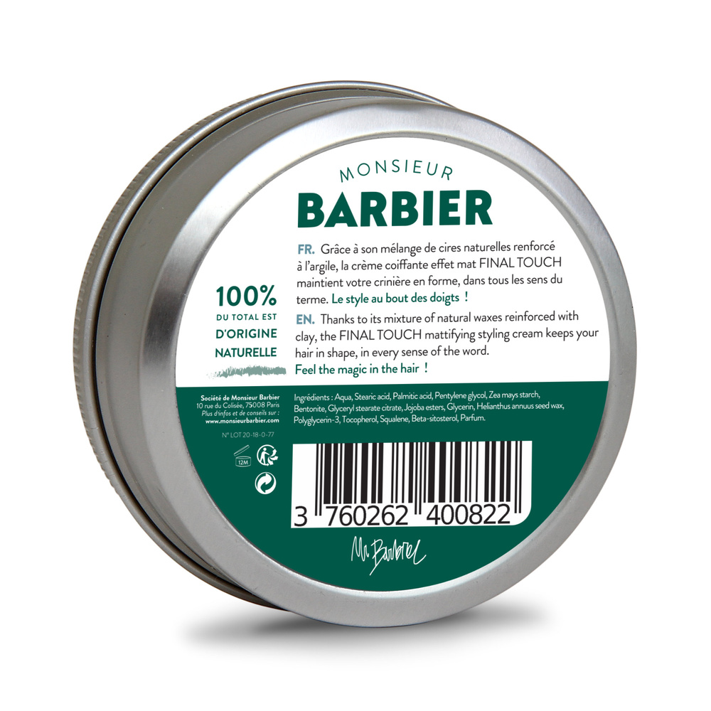 Monsieur Barbier Crème Coiffante Naturelle et Vegan, Fixation normale, Effet mat - Final Touch Crème Coiffante Naturelle et Vegan Barbe et Cheveux pour Hommes - Final Touch
