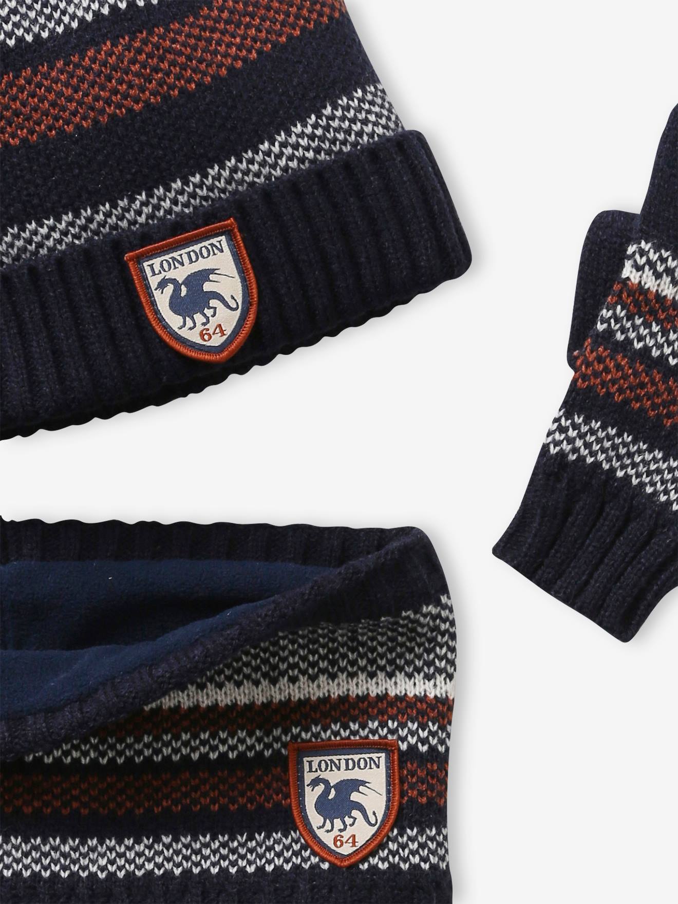 Ensemble garçon bonnet + snood + gants rayés marine