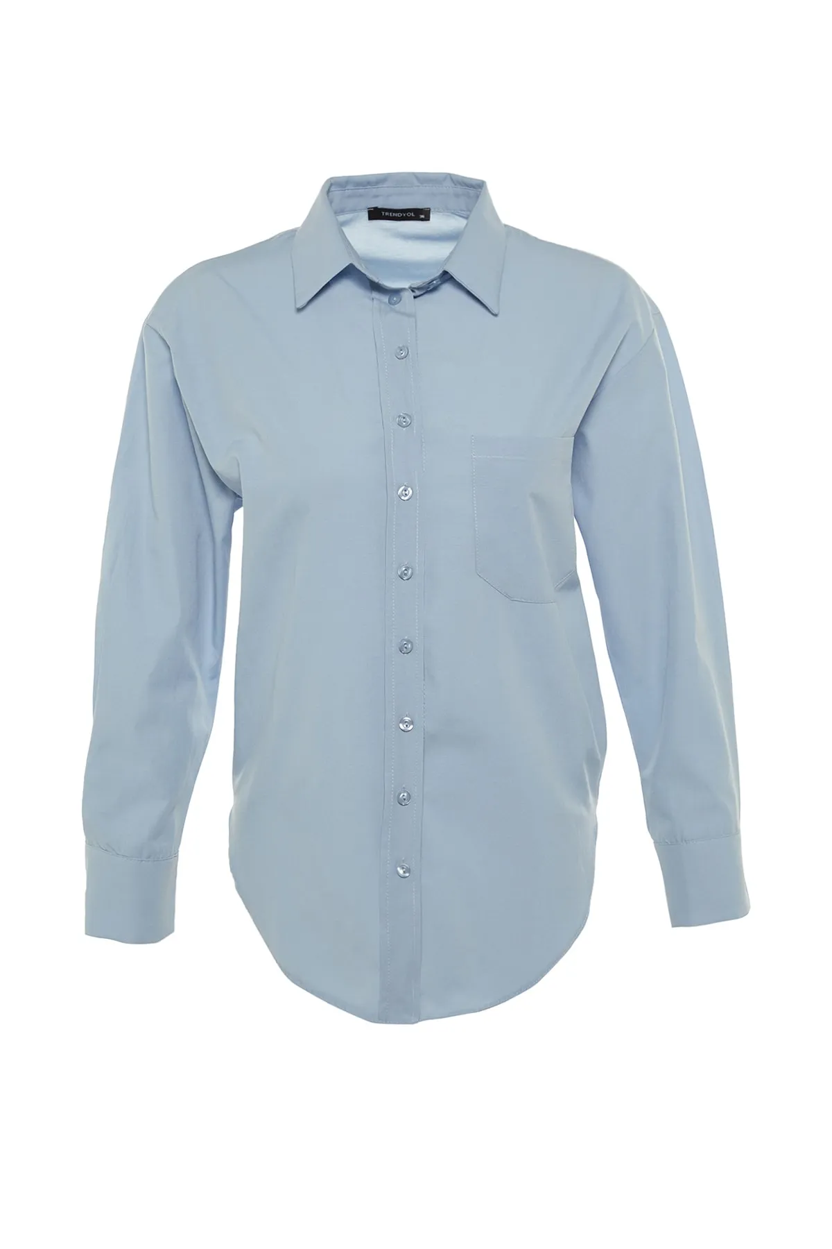 Trendyol Collection  Blaues Boyfriend-Hemd aus Baumwollgewebe mit breiter Passform und einer Tasche TWOAW20GO0115