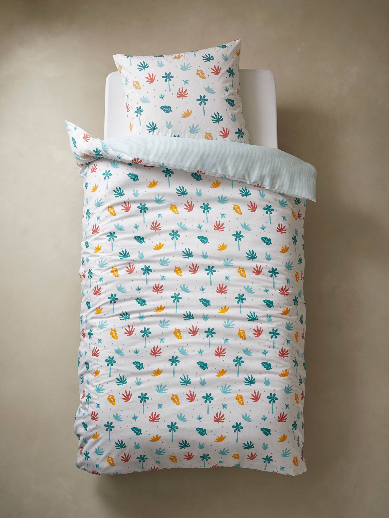 Parure housse de couette + taie d'oreiller enfant polyester et coton CROCOJUNGLE blanc