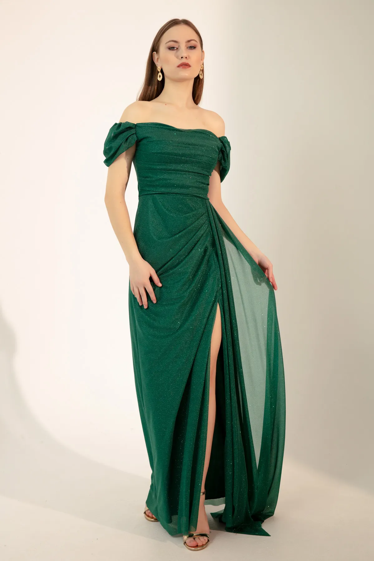 Lafaba  Smaragdgrünes, langes, silbernes Abendkleid mit U-Boot-Ausschnitt und Schlitz für Damen