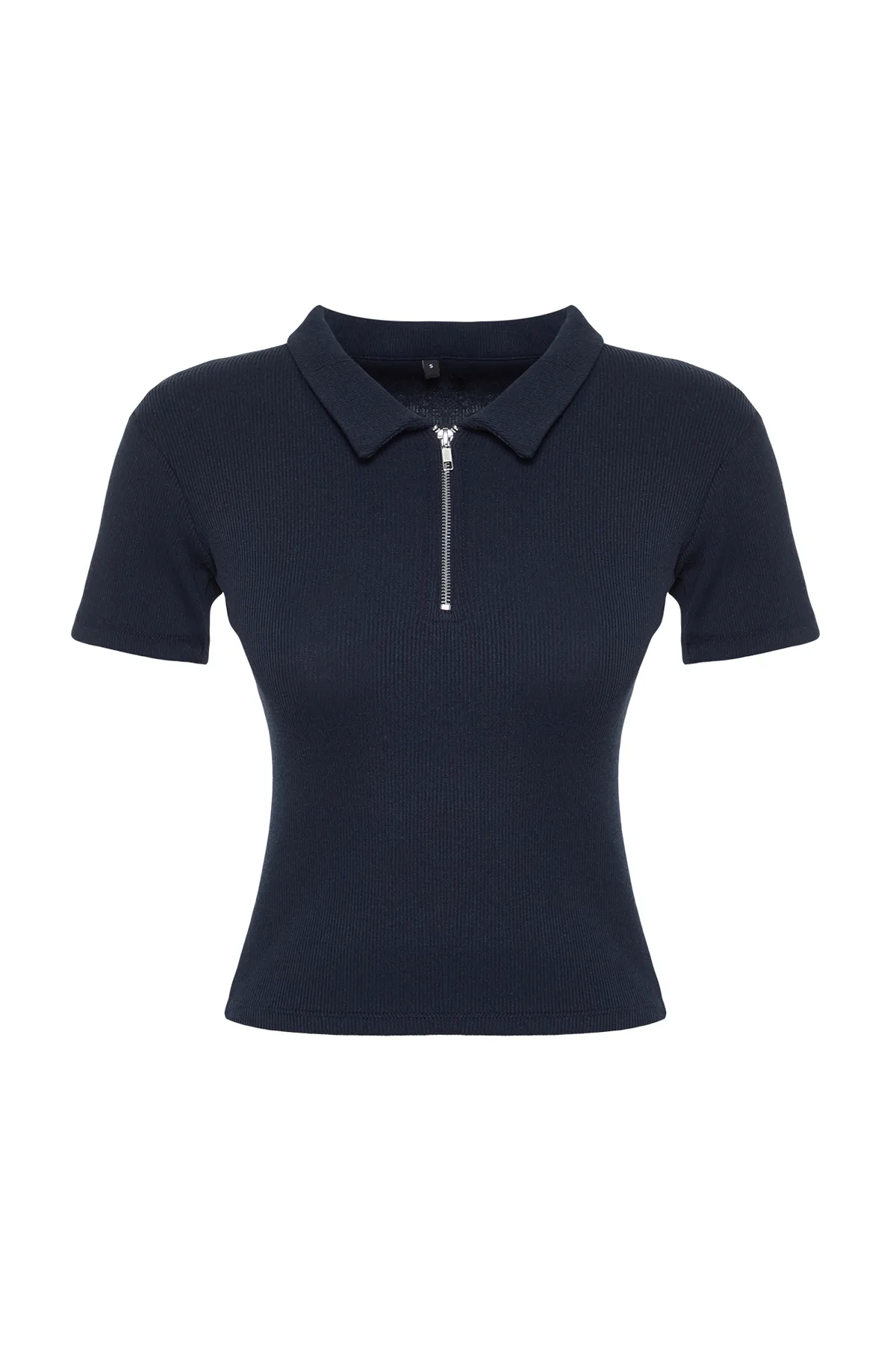 Trendyol Collection  Marineblaue, mit Reißverschluss, detaillierte, taillierte, gerippte, dehnbare Strickbluse mit Polokragen TWOSS23BZ00496