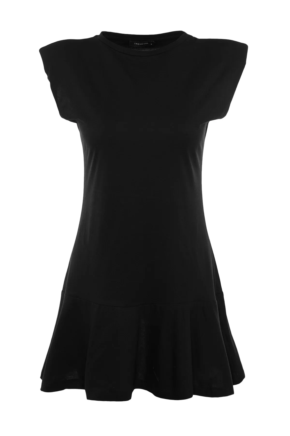 Trendyol Collection  Schwarzes Mini-Strickkleid aus 100 % Baumwolle mit gepolsterter Volanttaille/Skater-Rundhalsausschnitt TWOSS21EL0182