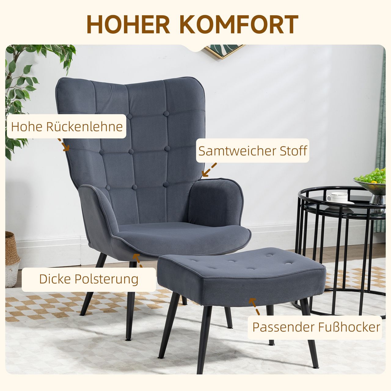HOMCOM Relaxsessel mit Fußhocker, Relaxstuhl, Armlehensessel mit Hocker, Samt