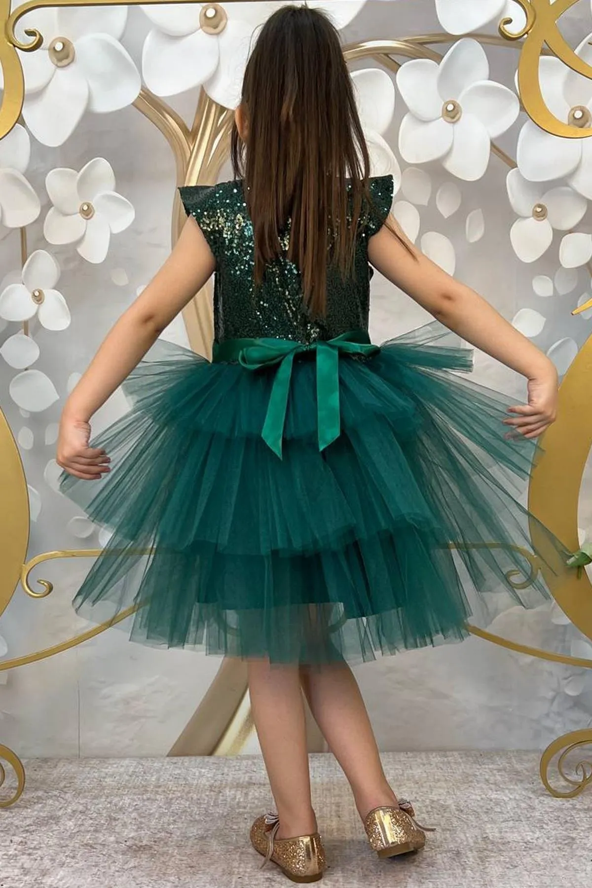 Riccotarz  Mit Pailletten besticktes Katkat-Grün-Abendkleid für Mädchen im Alter von 4–9 Jahren