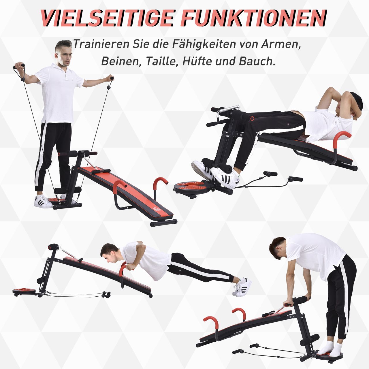 HOMCOM Sit Up Bank Bauchtrainer Trainingsbank Verstellbar Gepolstert mit Widerstand 120 kg Belastbarkeit Rot Schwarz 53x166x52–60 cm