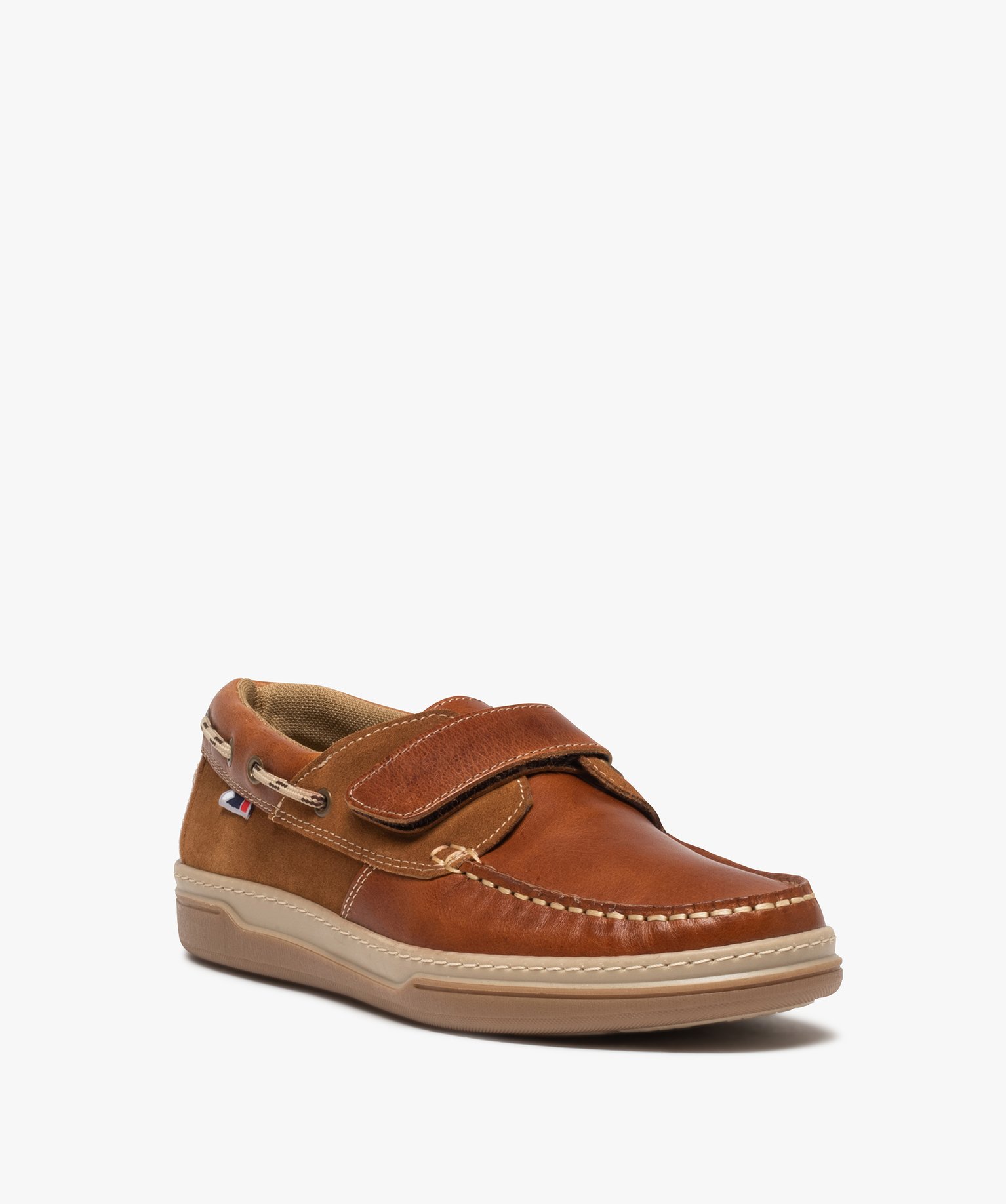 Chaussures bateau homme en cuir fermeture à scratch camel | GEMO