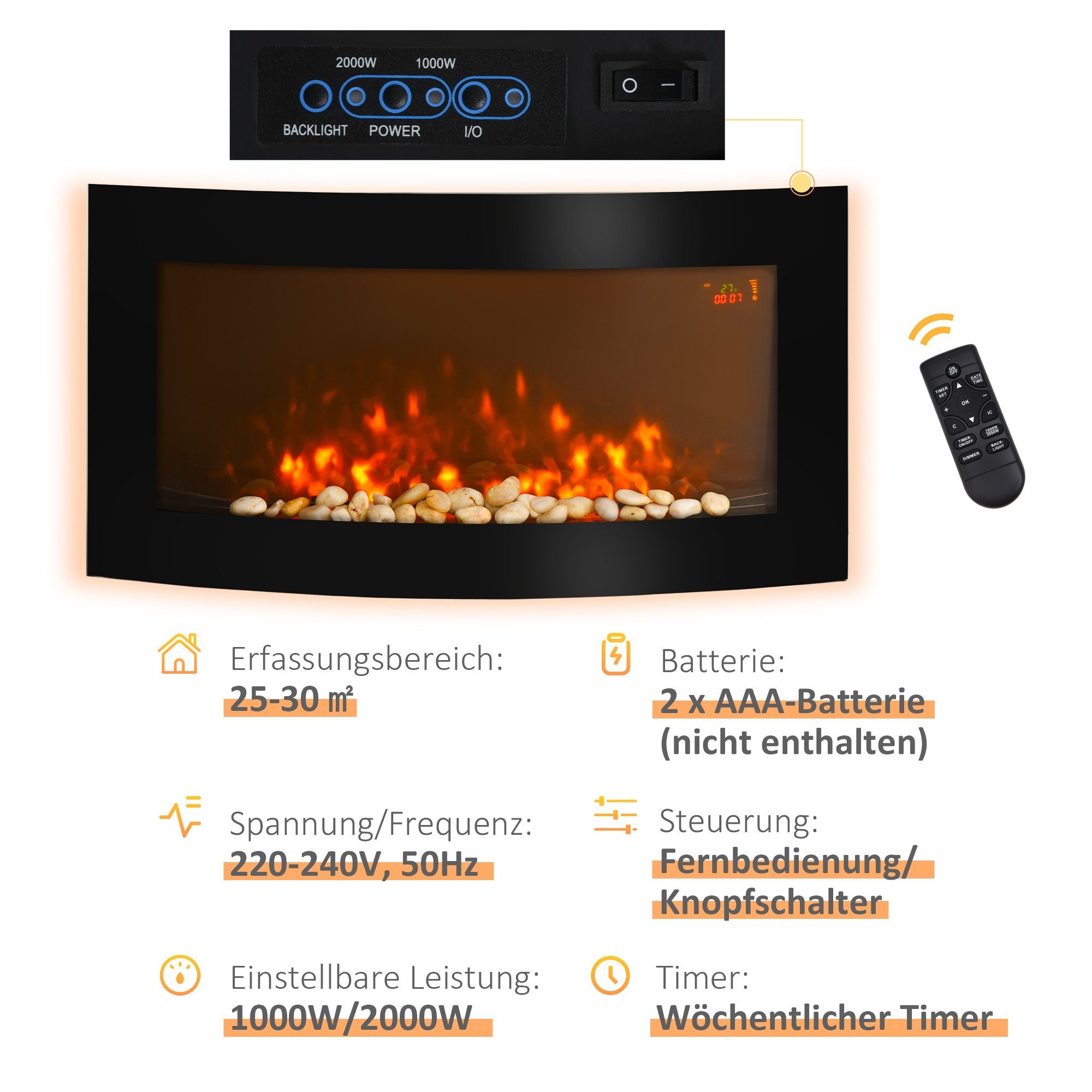 HOMCOM Elektrokamin, Kamin Kaminofen Elektrischer Wandkamin 89,2 x 13,5 x 48cm, schwarz