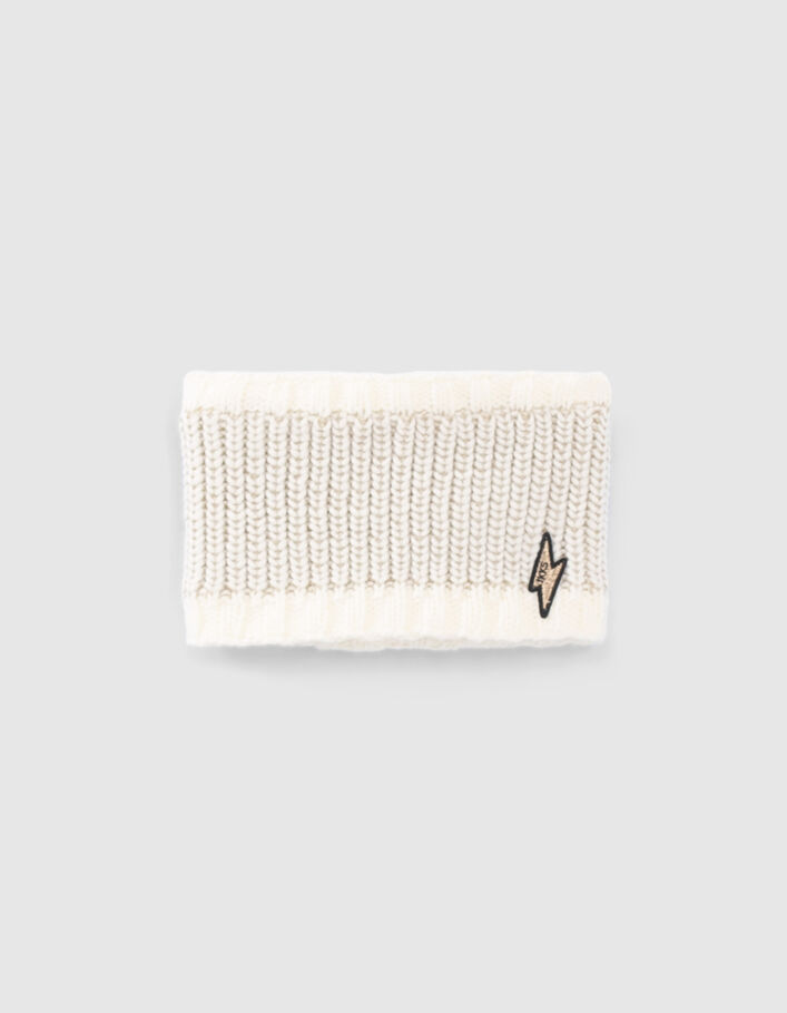Snood écru tricot lurex doré badge éclair bébé fille
