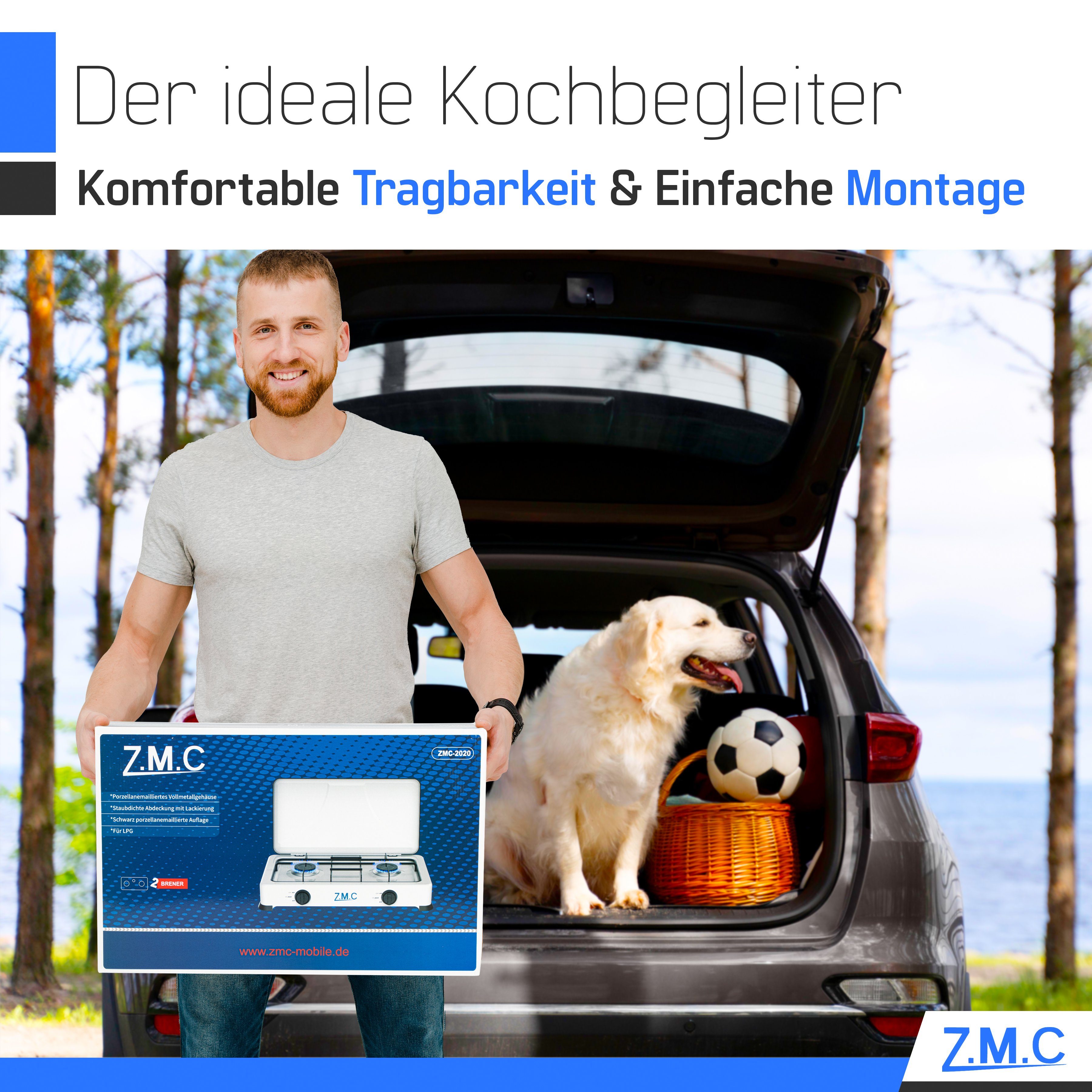 ZMC Gaskocher Tragbarer Gaskocher Campingkocher 2-flammig inkl. Schlauch und Regler, 2,2 kW 50 mBar Outdoor Gasherd Kochfeld Herd Propangas Tischkocher