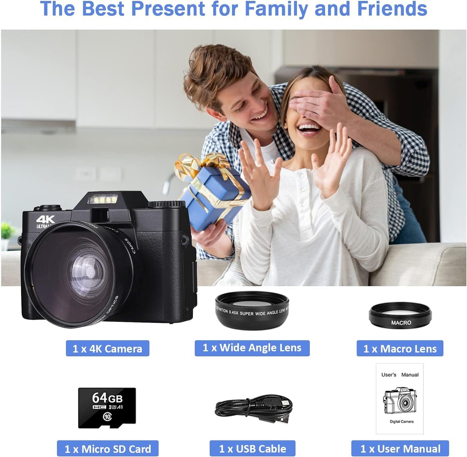 A Ade Digitalkamera 4K 48MP Systemkamera Kompaktkamera (48 MP, WLAN (Wi-Fi), inkl. 16X Digitalzoom, 3.0 Zoll 180 ° Grad Drehung Flip-Screen)