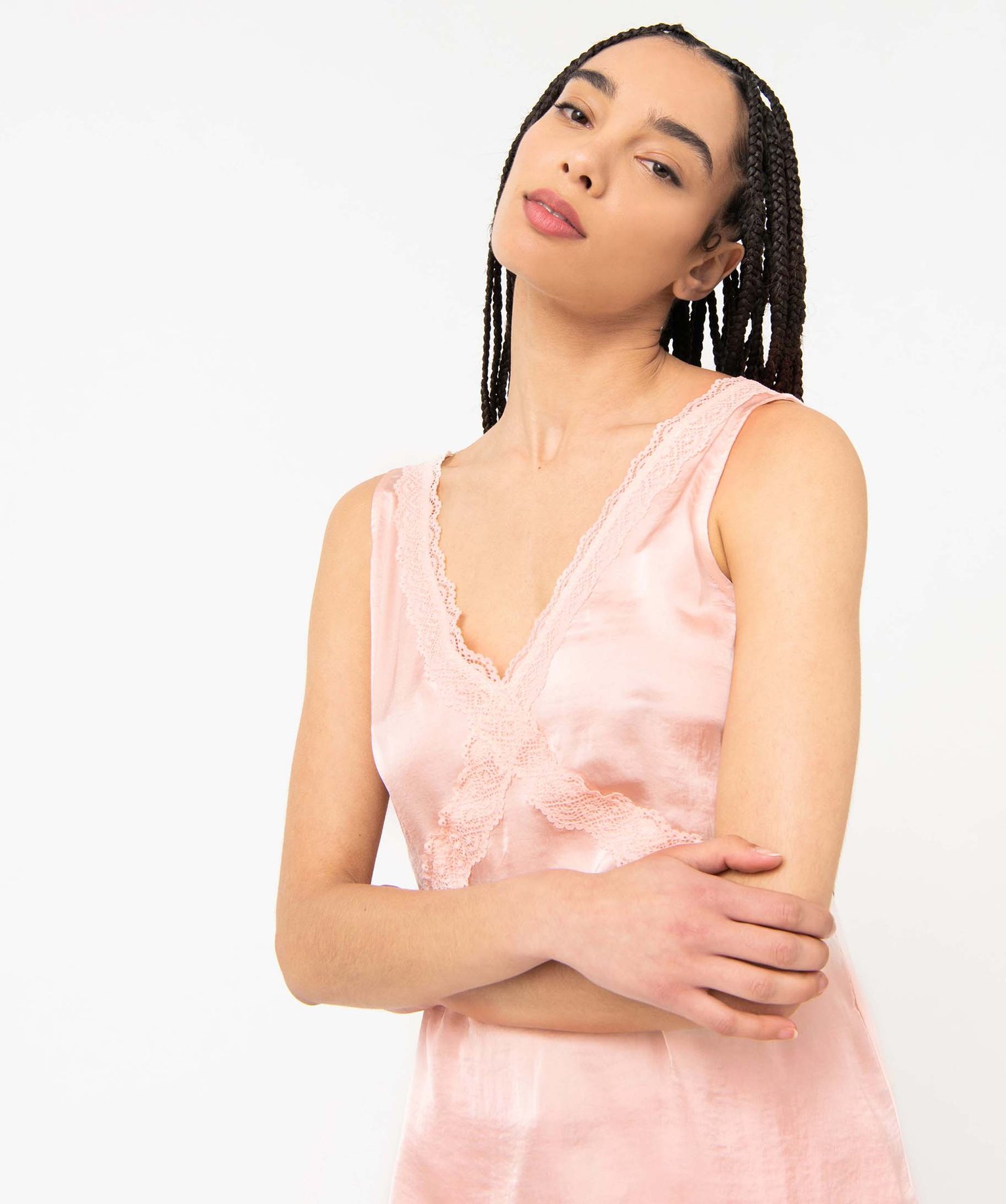 Débardeur lingerie en matière satinée et dentelle femme rose | GEMO