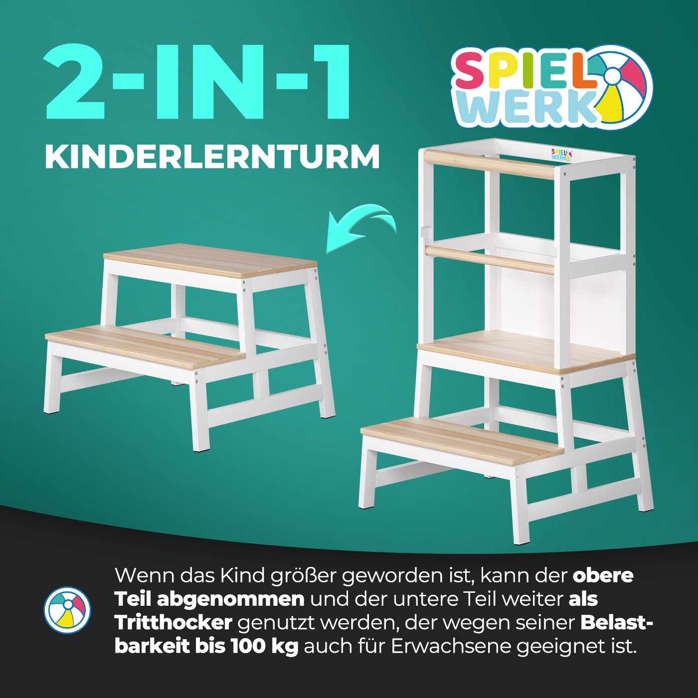 Spielwerk Kinderstuhl, 50x51x93cm 100kg belastbar Sicherheitsstange Tritthocker Küchenhelfer