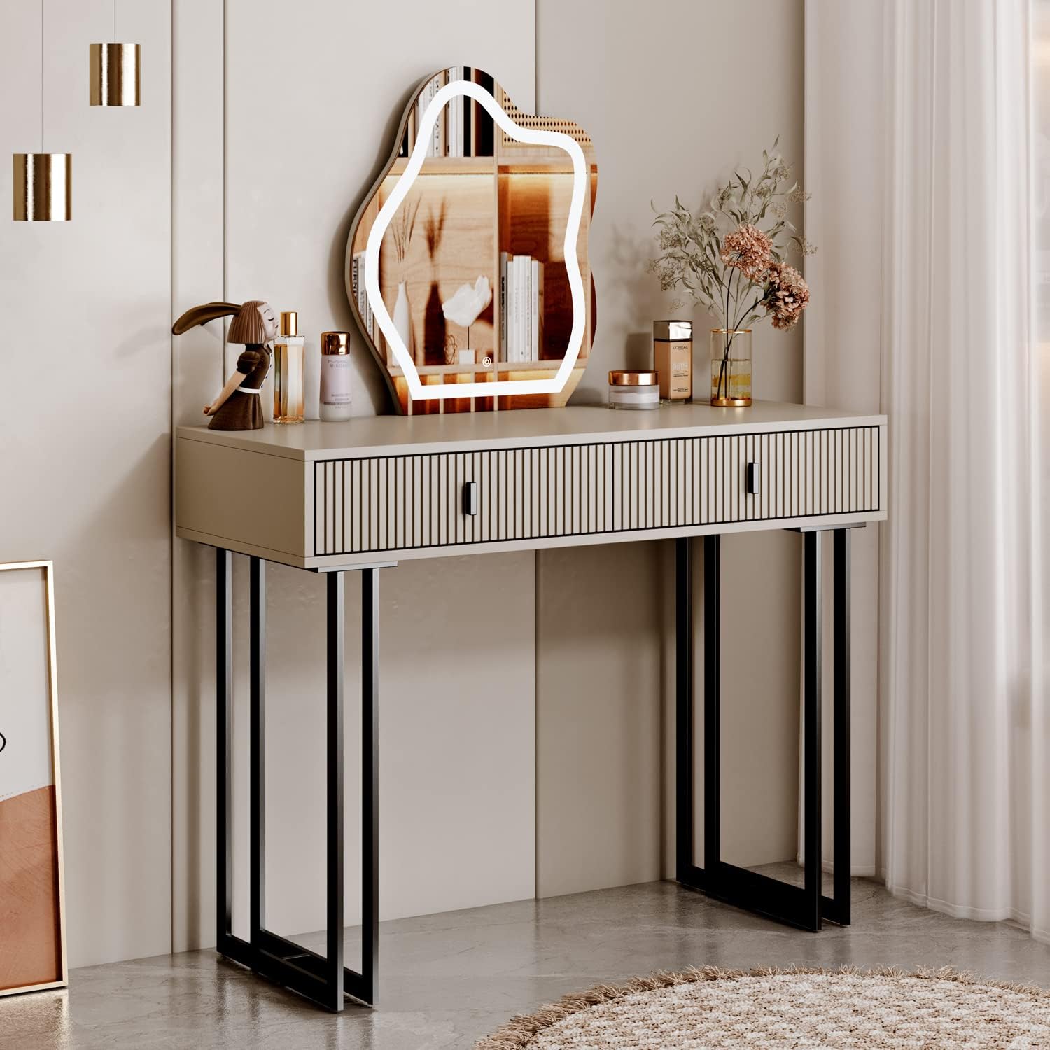 leejdn Dresser with 3 Color Touch Screen Dimming Mirror, Modern Makeup Dresser with Adjustable Cabinets and 4 Sliding Drawers, Powder Room, Bedroom Dresser Set