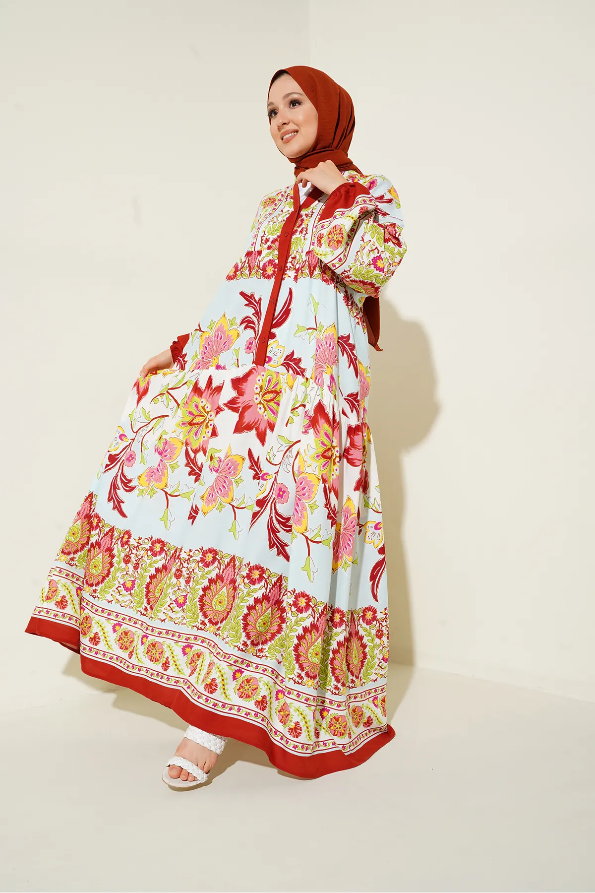 Bigdart  2423 Authentisches gemustertes Hijab-Kleid – D. Claret Red