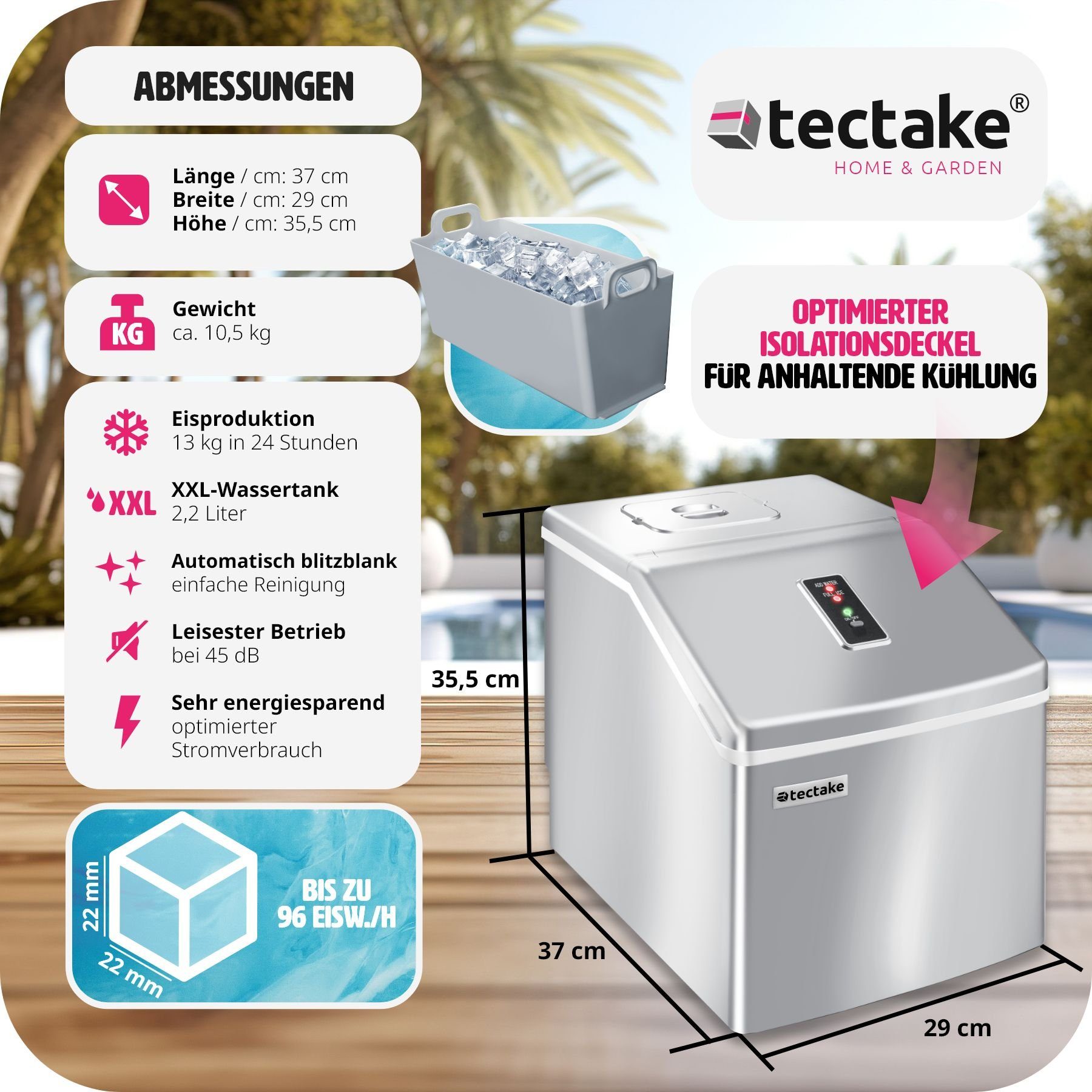 tectake Elektrischer Eiswürfelbereiter Eiswürfelmaschine für klare Eiswürfel