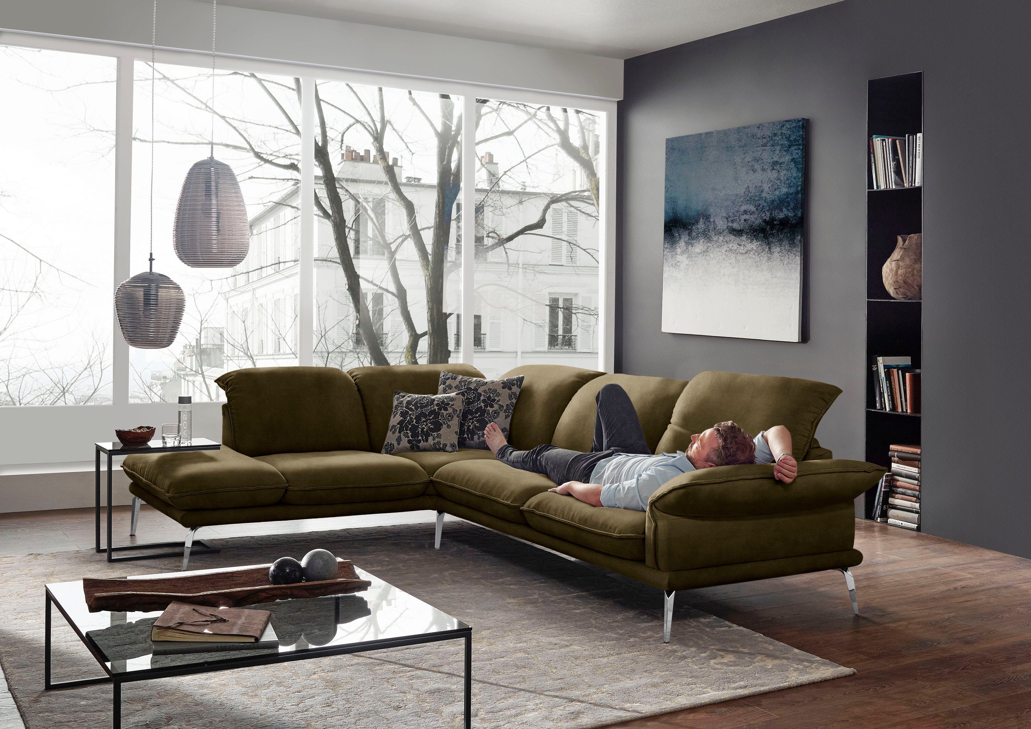 W.SCHILLIG Ecksofa sherry, mit Kopfstützenverstellung, Metallfüße, Chrom glänzend, Breite 302 cm