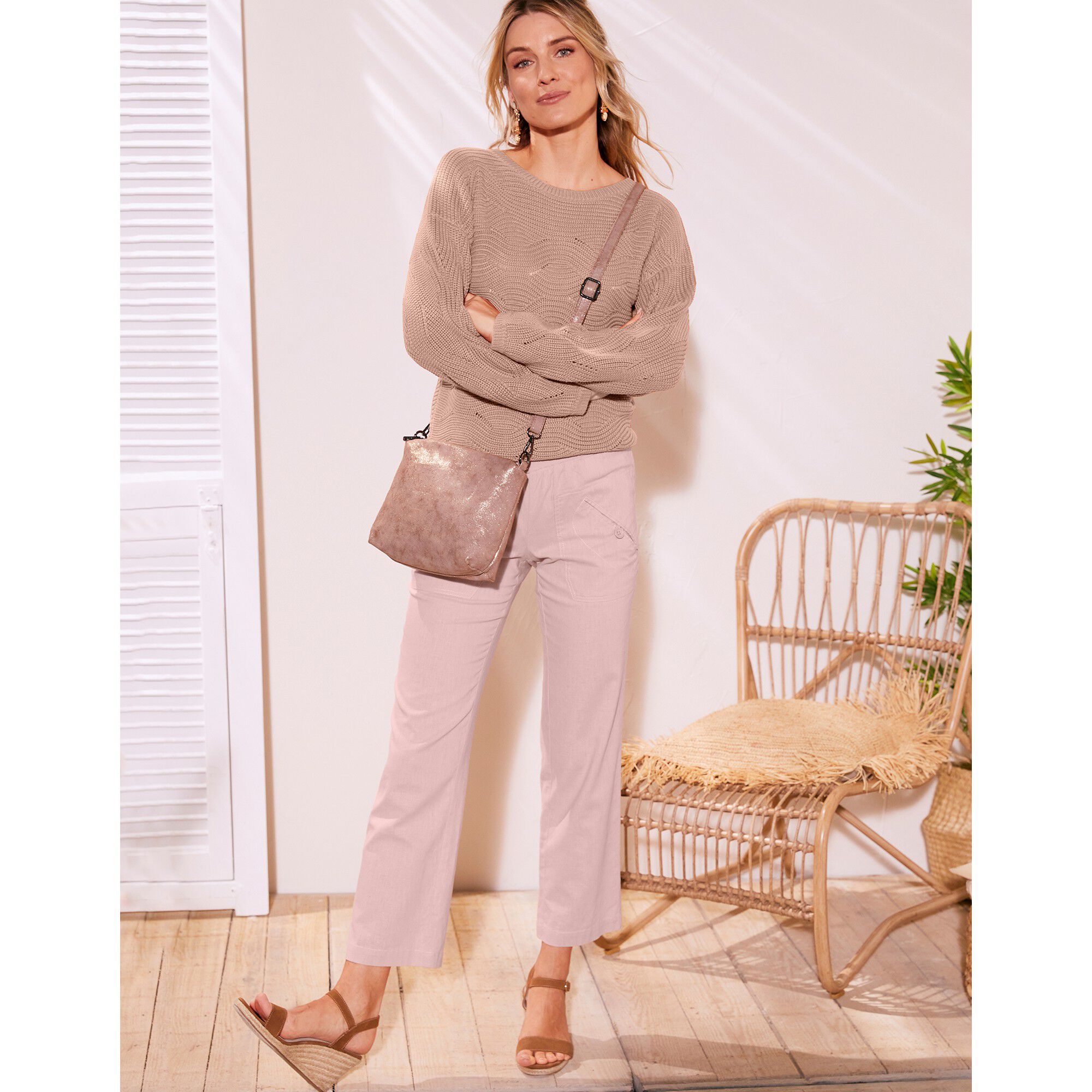 Pantalon coupe droite 7/8ème taille élastiquée, lin coton