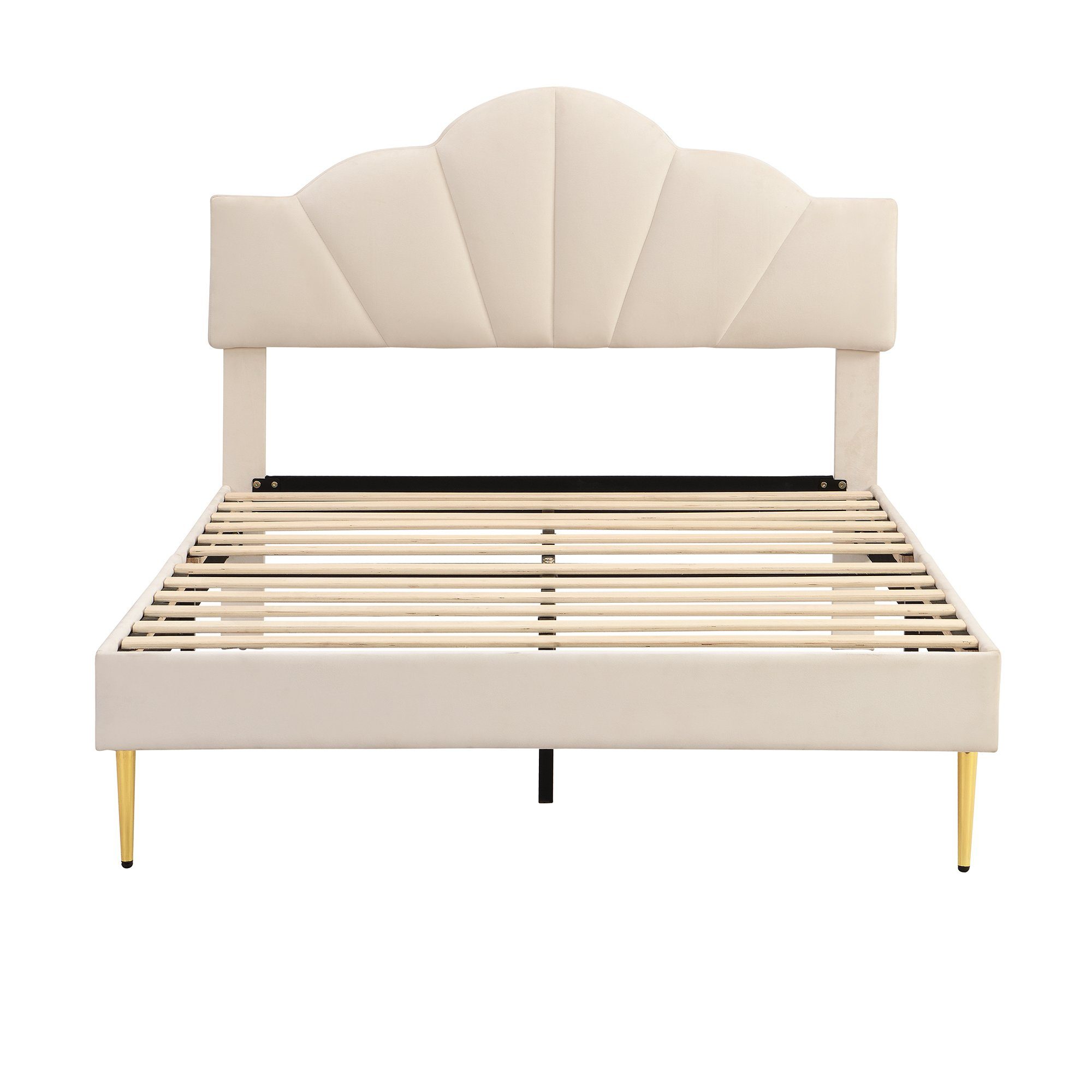 OKWISH Polsterbett muschelartiges Bett (140 X 200 CM Ohne Matratze), Höhenverstellbares Kopfteil,Bett mit goldenen Eisenbeinen