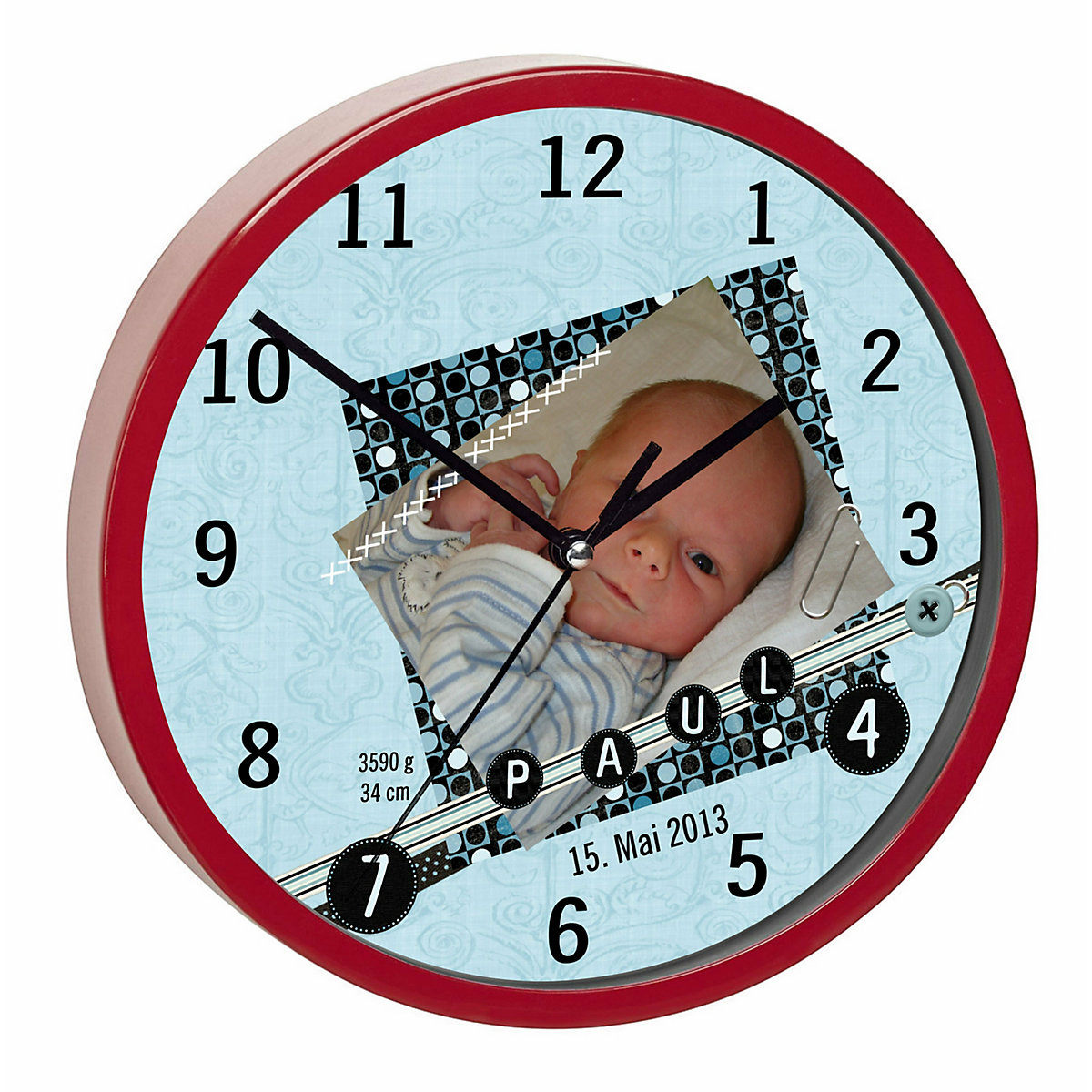 Kinder Wanduhr personalisiert mit Name Scrapbooking blau