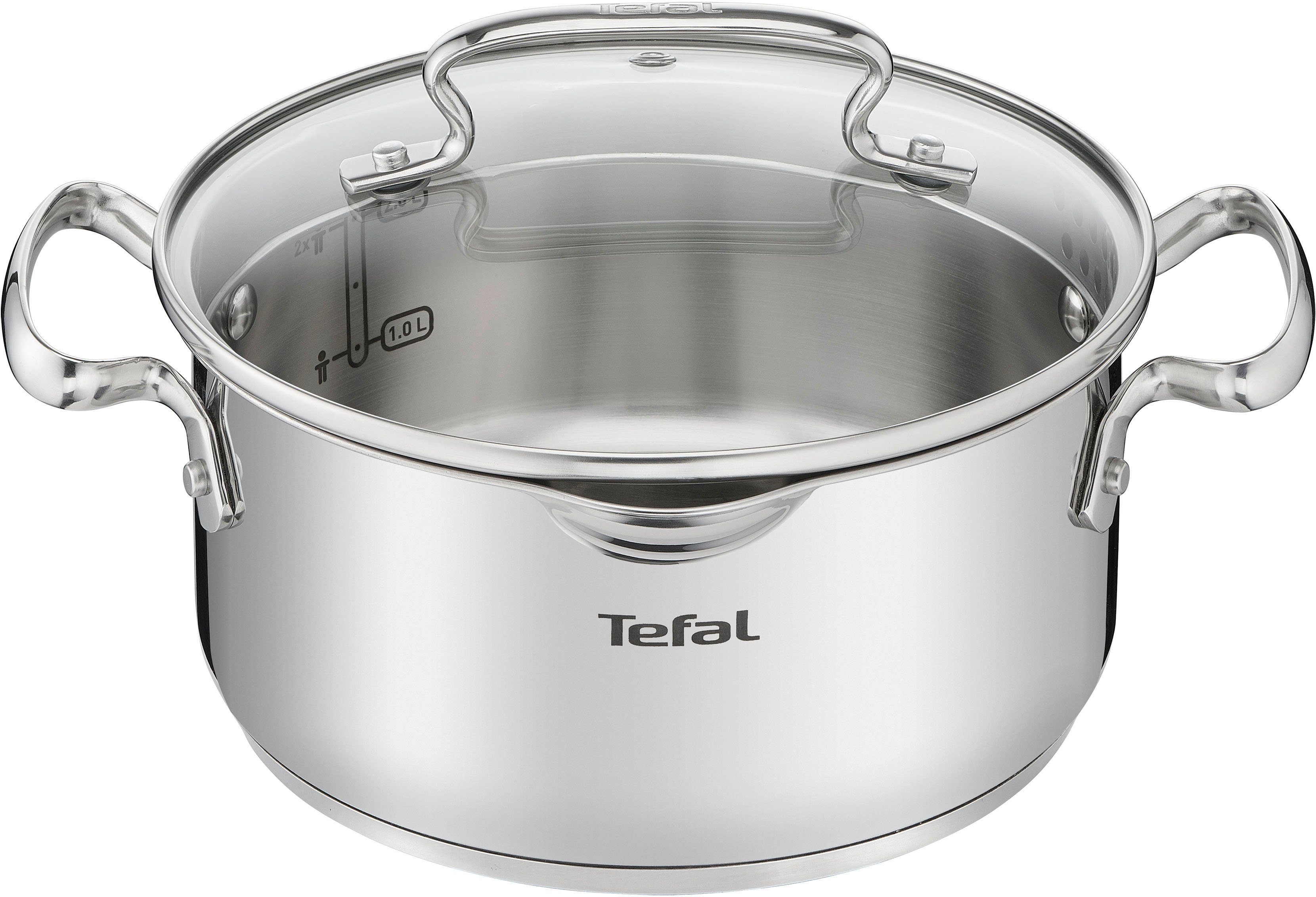 Tefal Topf-Set Duetto+ G719S7, Edelstahl 18/10 (Set, 7-tlg., 7-teiliges Topfset mit Stielkasserolle 16 cm, Kochtopf 16/20/24 cm), hochwertiger Edelstahl, hochglanzpoliert, Glasdeckel mit Siebfunktion