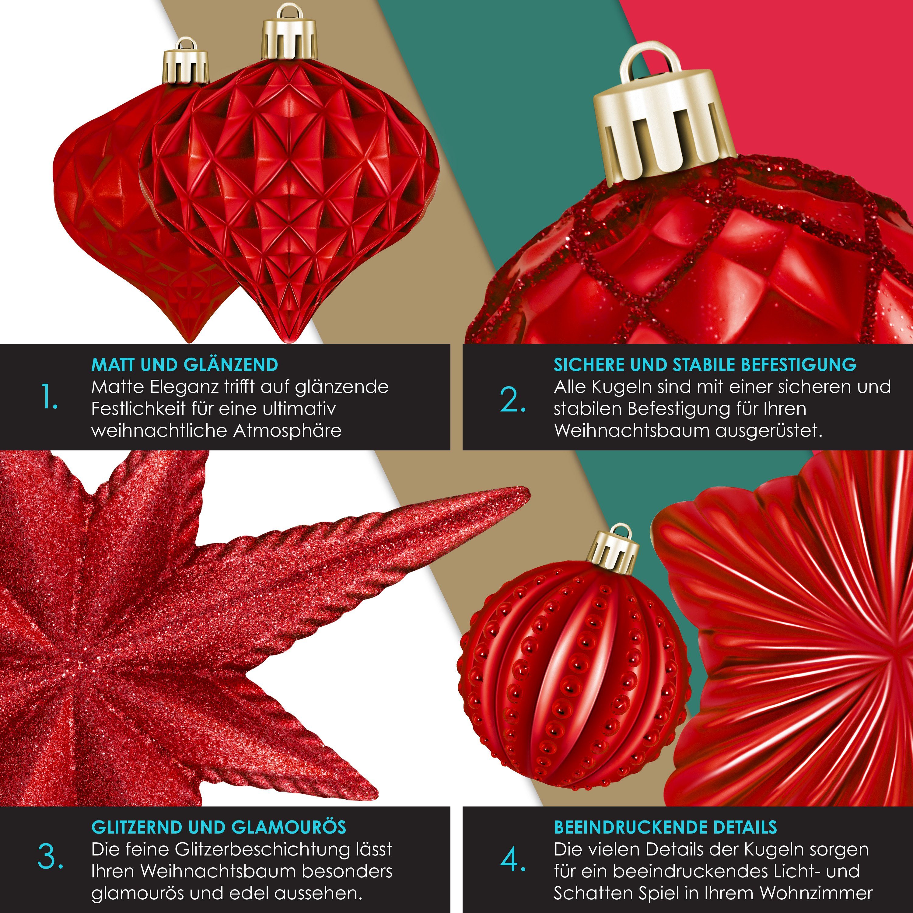 KESSER Christbaumschmuck (101-tlg), Weihnachtskugeln 101-teiliges Set Baumspitze Christbaumk