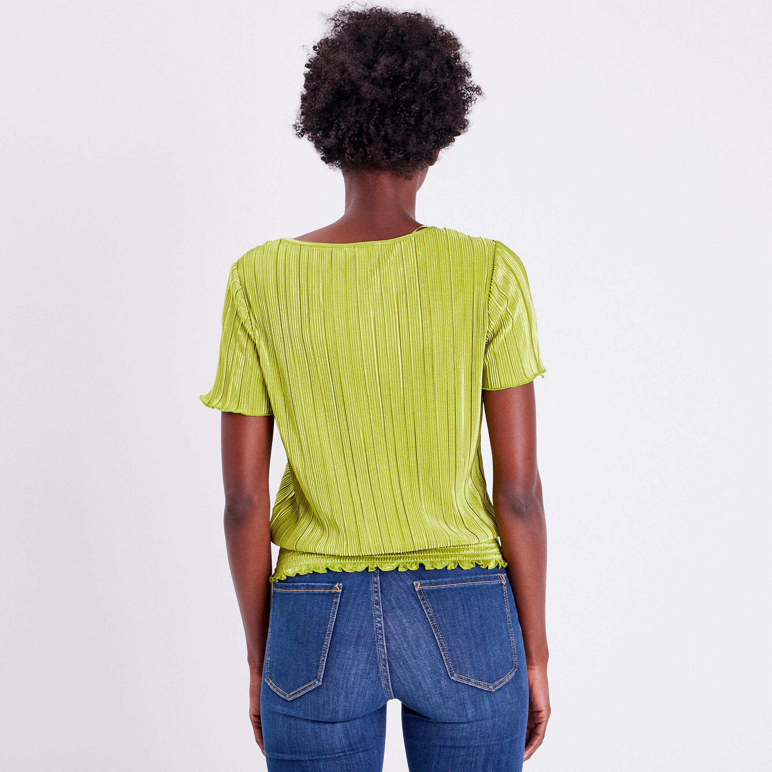 T-shirt manches courtes plissé vert anis femme | Cache Cache