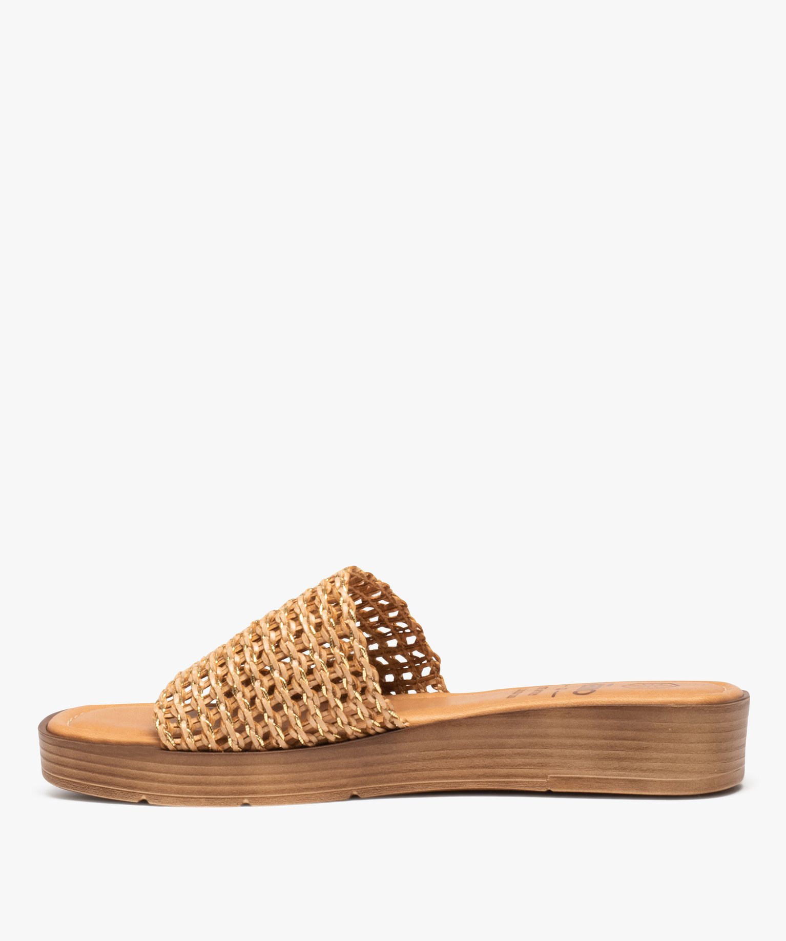 Mules femme à talon plat avec bandeau tressé irisé camel | GEMO