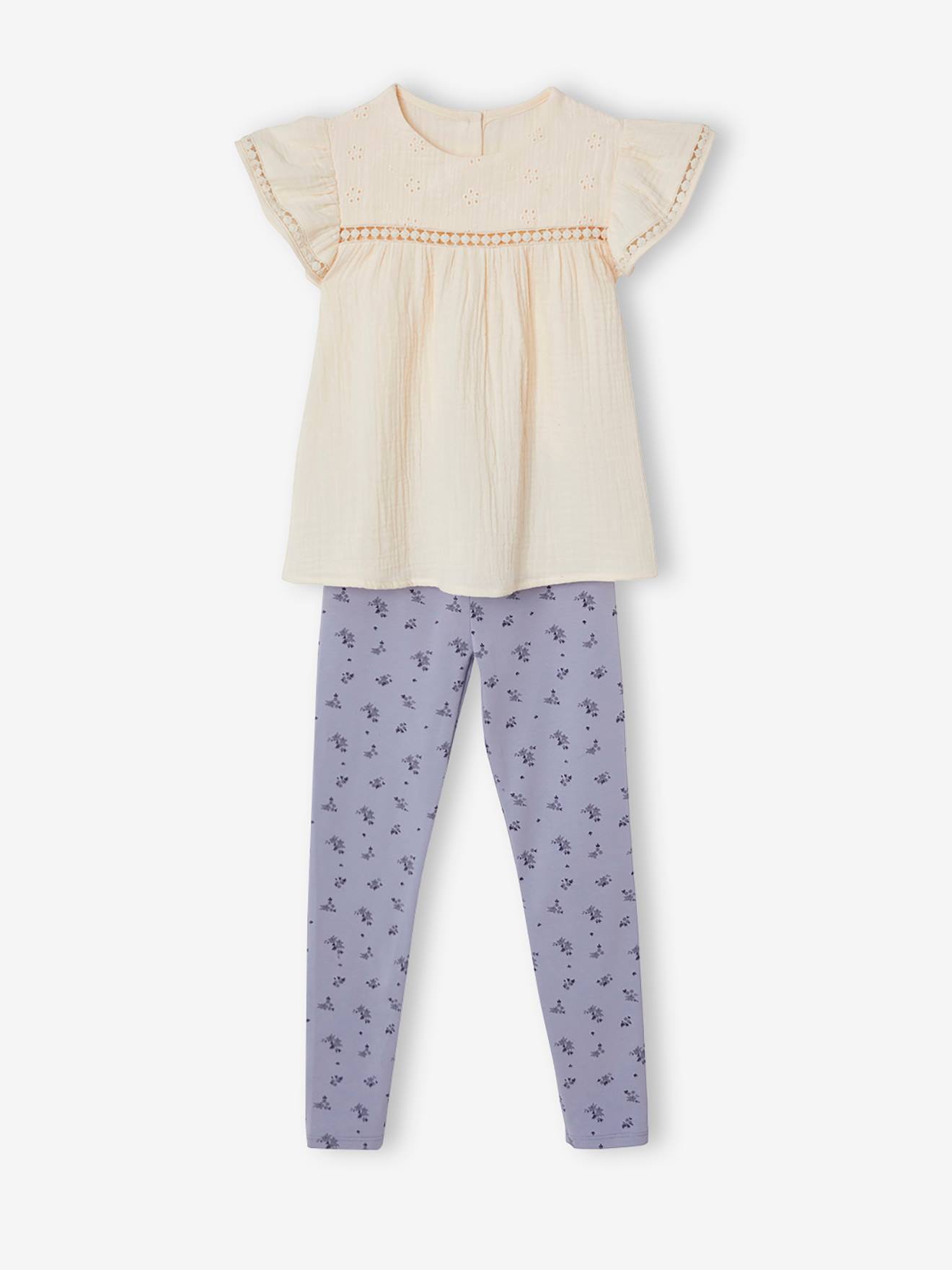 Ensemble fille blouse en gaze de coton brodée et legging imprimé fleurs ivoire