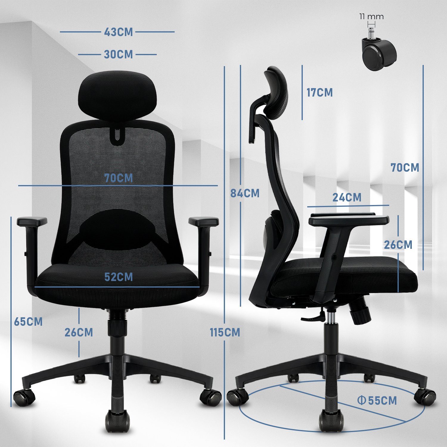 Durrafy Bürostuhl Bürostuhl Ergonomischer,Chefsessel,Schreibtischstuhl, mit Wippfunktion bis 130°, Leise rollen, Bürostuhl 150 KG