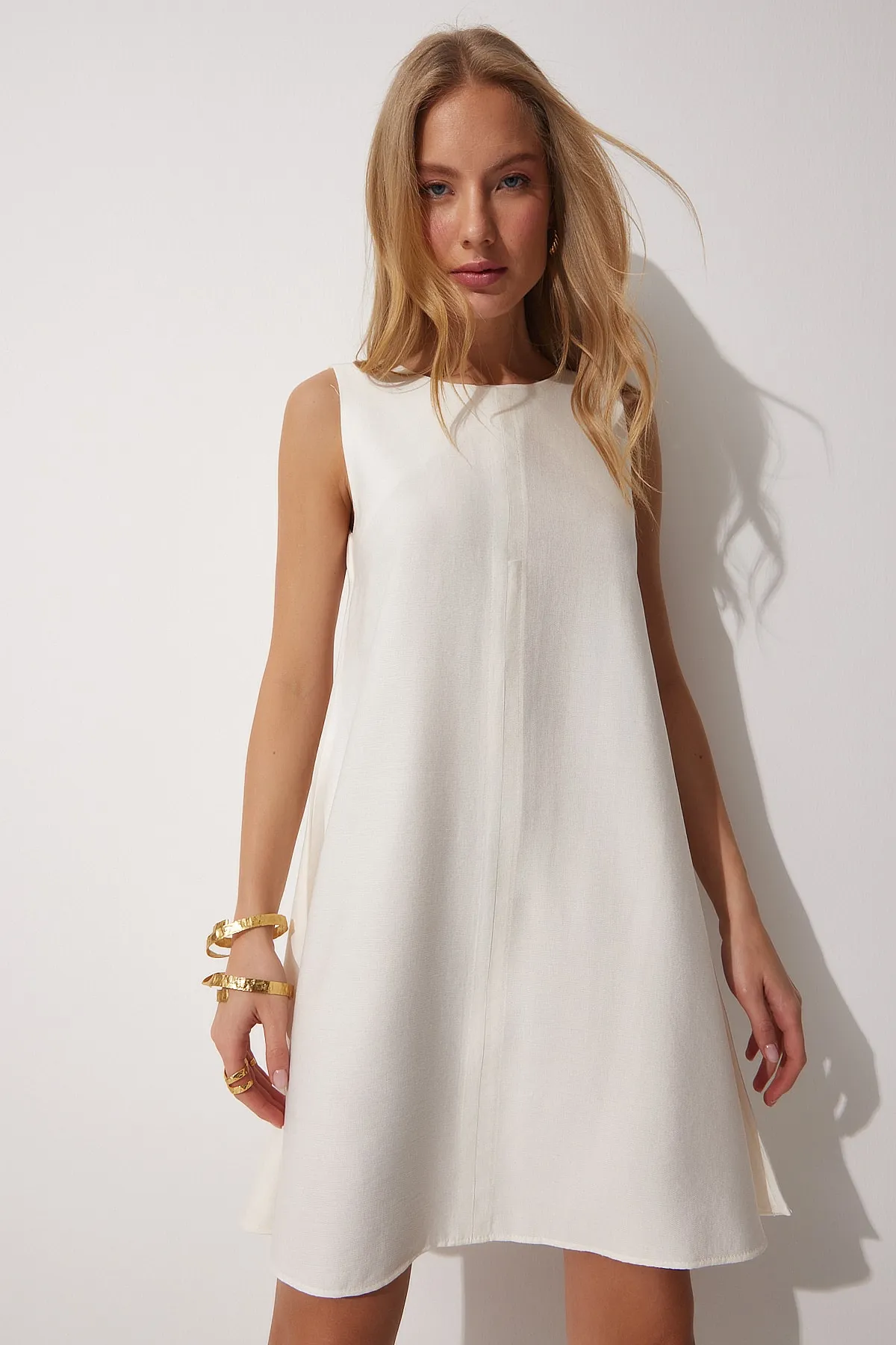 Happiness İstanbul  Sommerliches gewebtes A-Linien-Kleid für Damen in Ecru BF00067