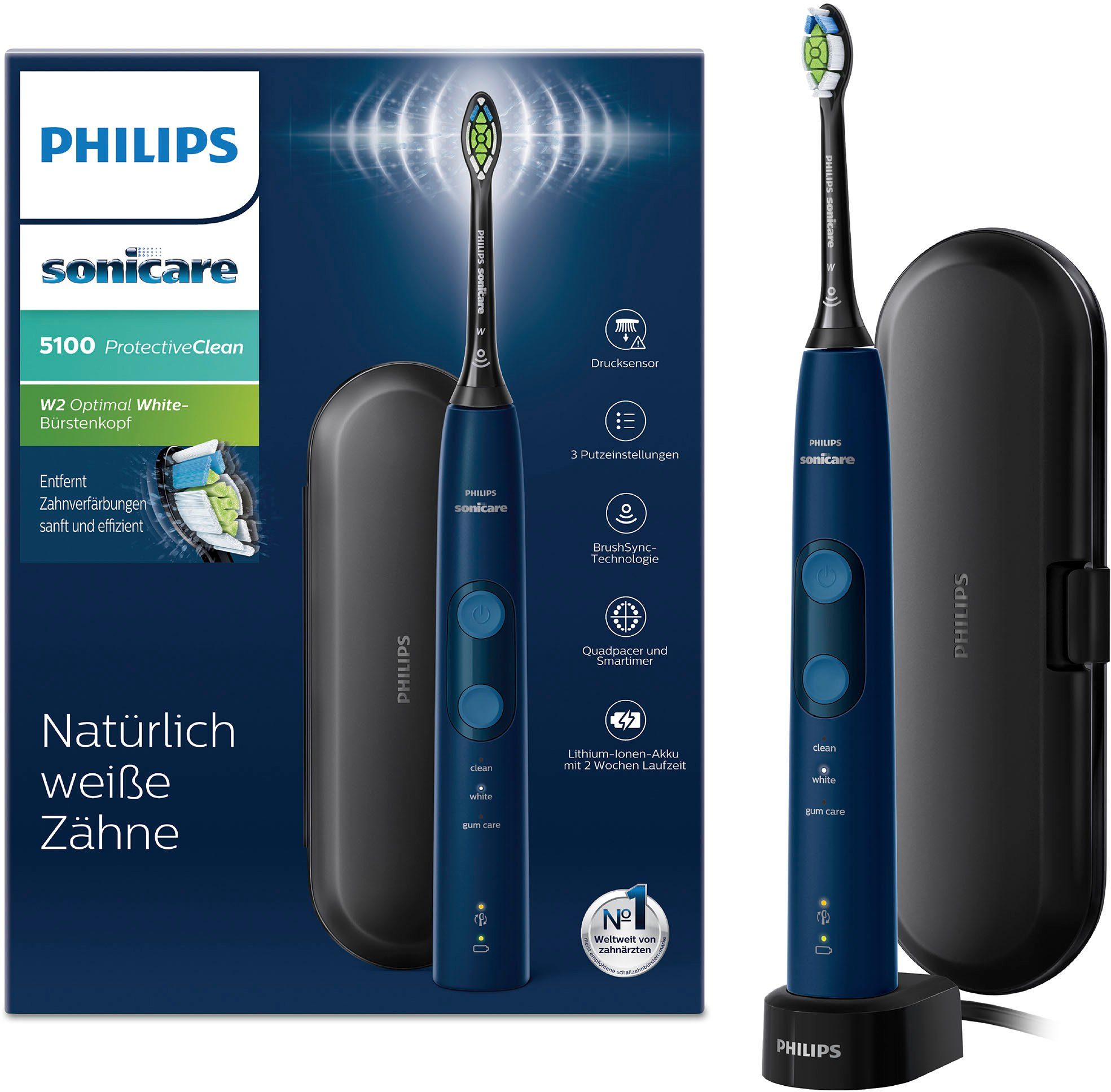 Philips Sonicare Elektrische Zahnbürste ProtectiveClean 5100 HX6851/53, Aufsteckbürsten: 1 St., mit Schalltechnologie, Andruckkontrolle