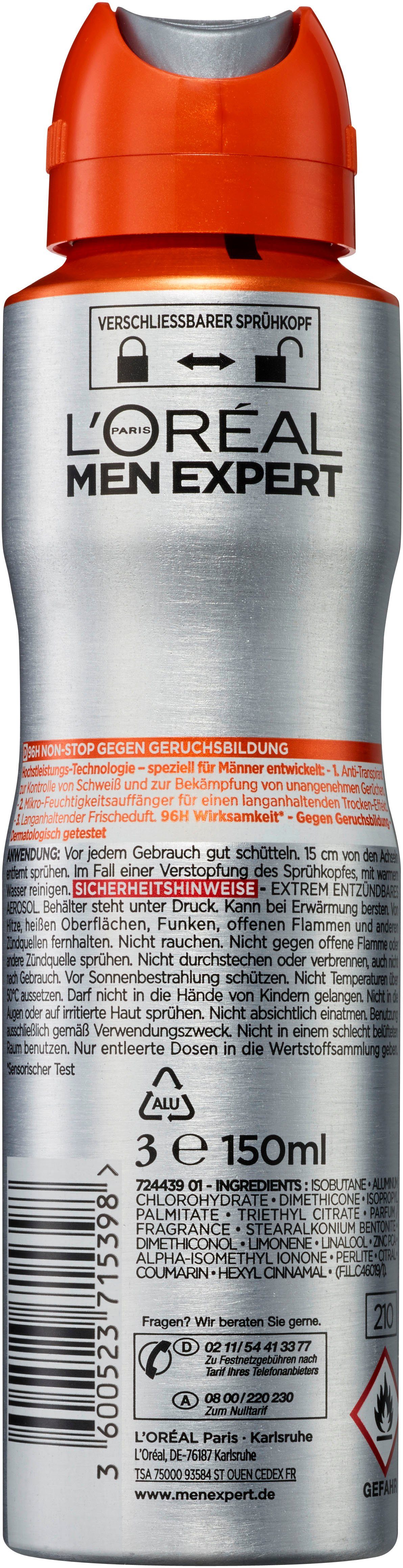 L'ORÉAL PARIS MEN EXPERT Deo-Spray Invincible Man Anti-Transpirant, 96H Schutz vor Gerüchen