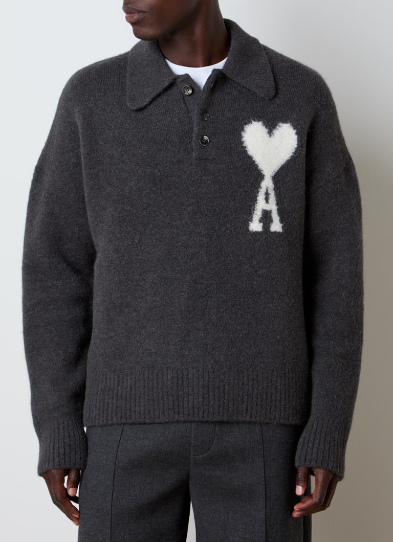AMI Paris Chunky knit sweater in alpaca wool blend with polo collar and knitted logo