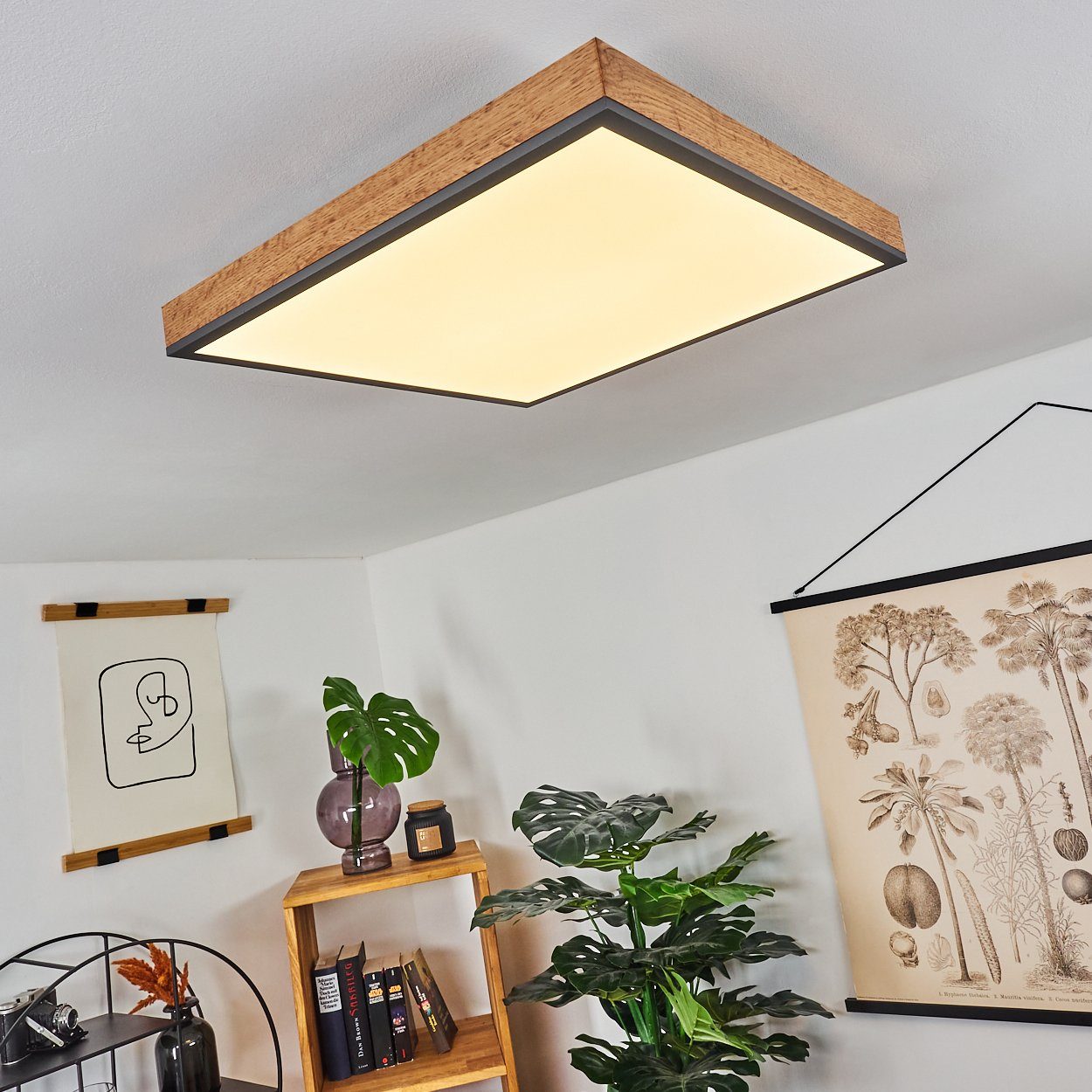 hofstein Deckenleuchte Vacil modernes Deckenpanel aus Metall, MDF, Schwarz/Weiß/Holzoptik, 3000 Kelvin, 24 Watt, 2100 Lumen, eckige Deckenlampe in flachem Design