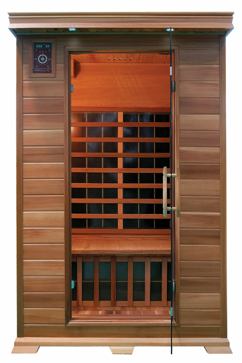 PureHaven Infrarotkabine 120x105x190 cm aus rotem Zeder-Holz Bluetooth-Soundsystem Timer Lichttherapie in 4 Farben digitale Steuerung