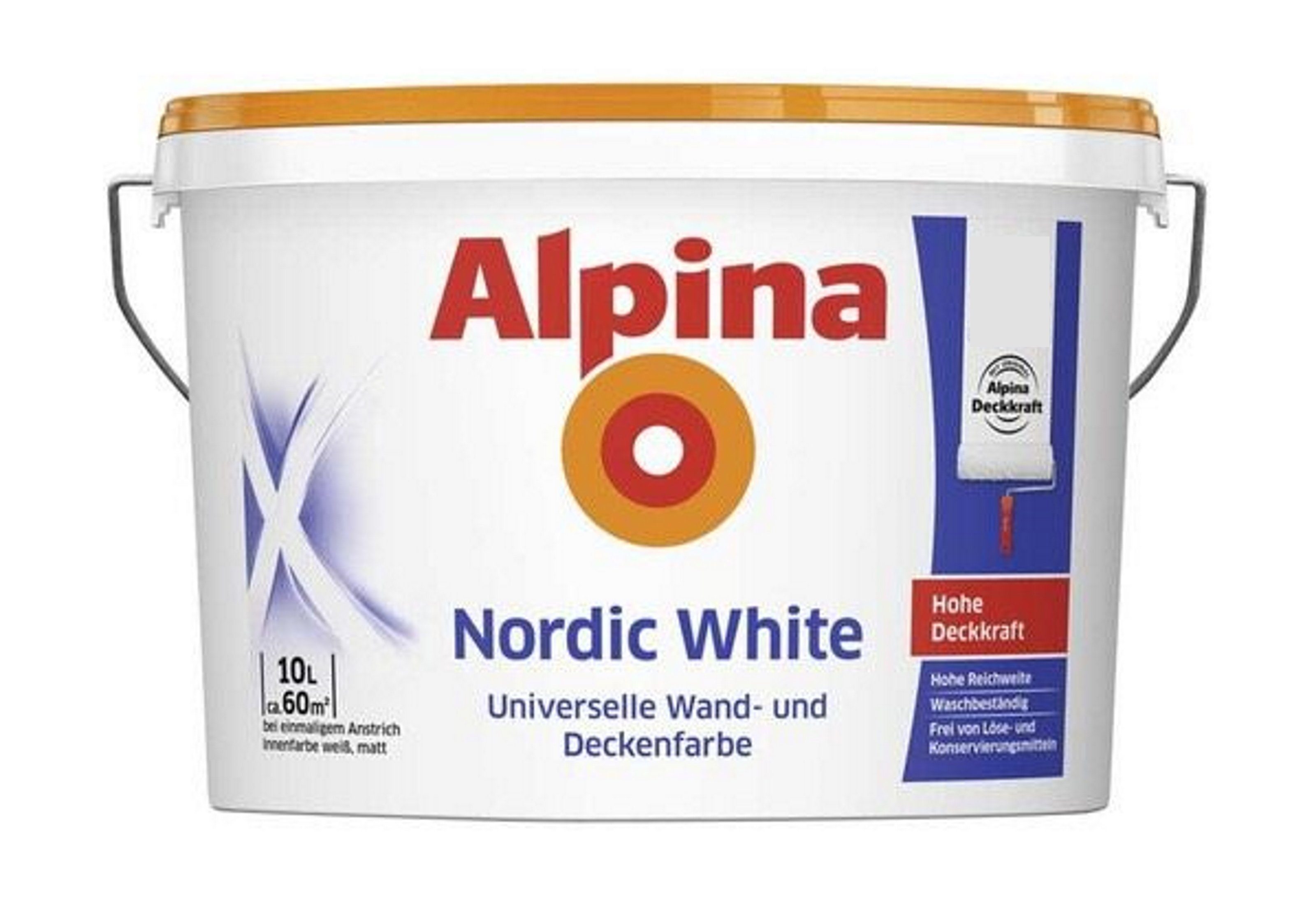 Alpina Wandfarbe Alpina Nordic White 10 Liter universelle Wand- und Deckfarbe weiß matt, Hohe Deckkraft, hohe Reichweite, waschbeständig