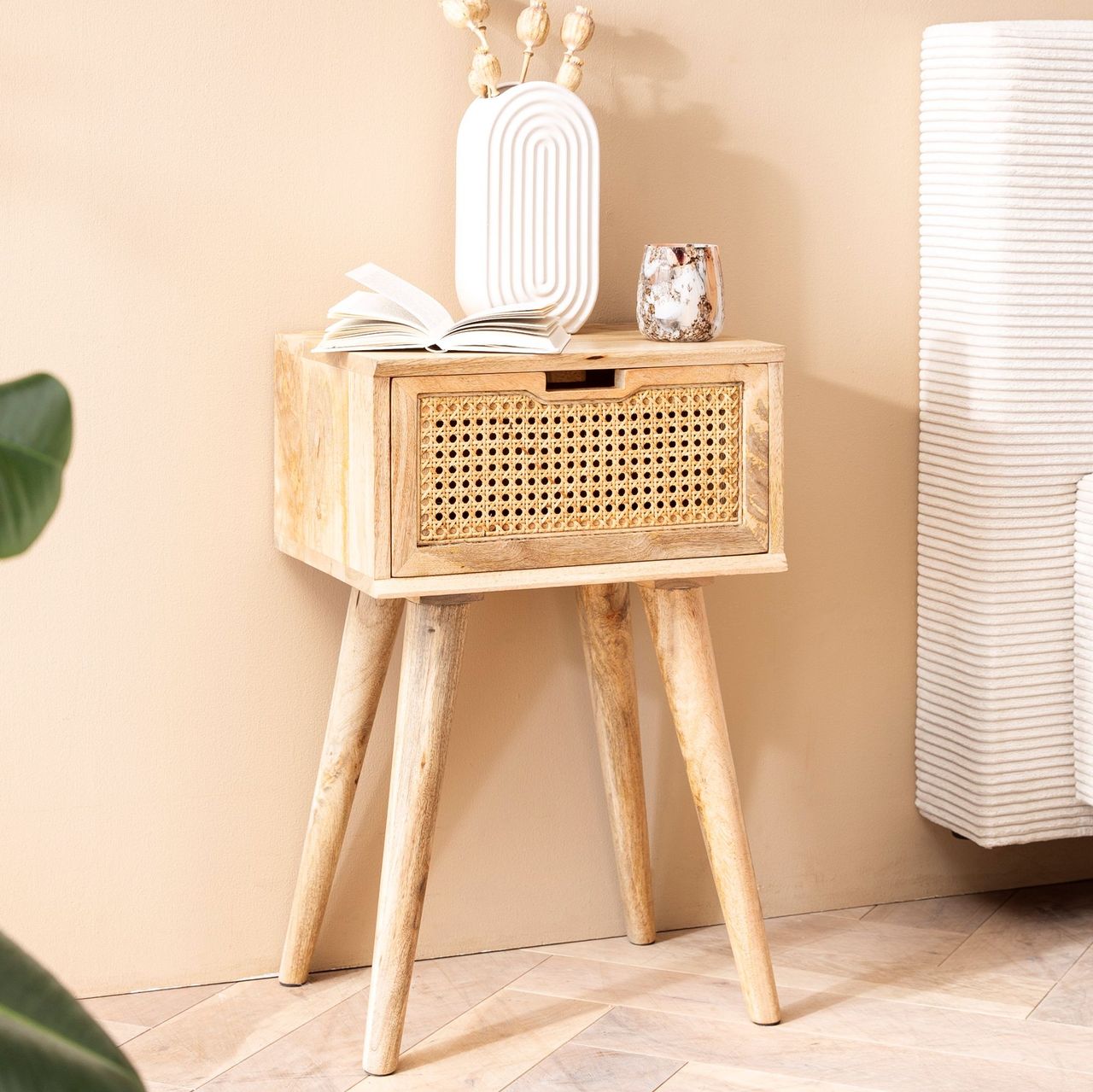 Wohnling Nachttisch Nachtkommode Boxspringbett Holz Rattan 60 cm Wiener Geflecht